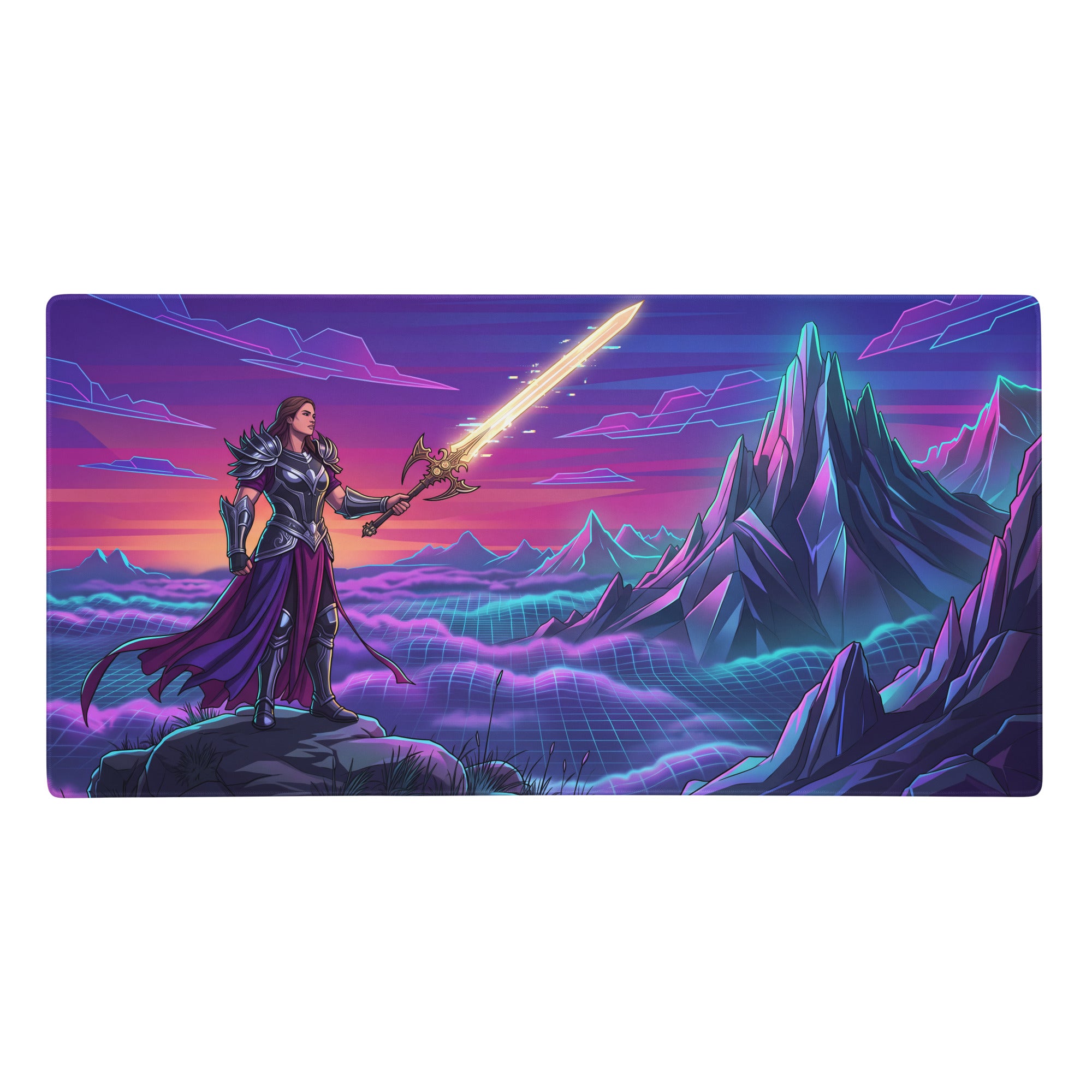Vaporwave neon mountain mouse pad with nebula-themed fantasy warrior in silver armor purple cape and glowing sword on vibrant terrain