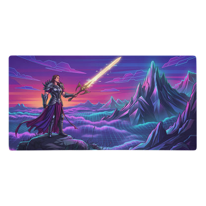 Vaporwave neon mountain mouse pad with nebula-themed fantasy warrior in silver armor purple cape and glowing sword on vibrant terrain