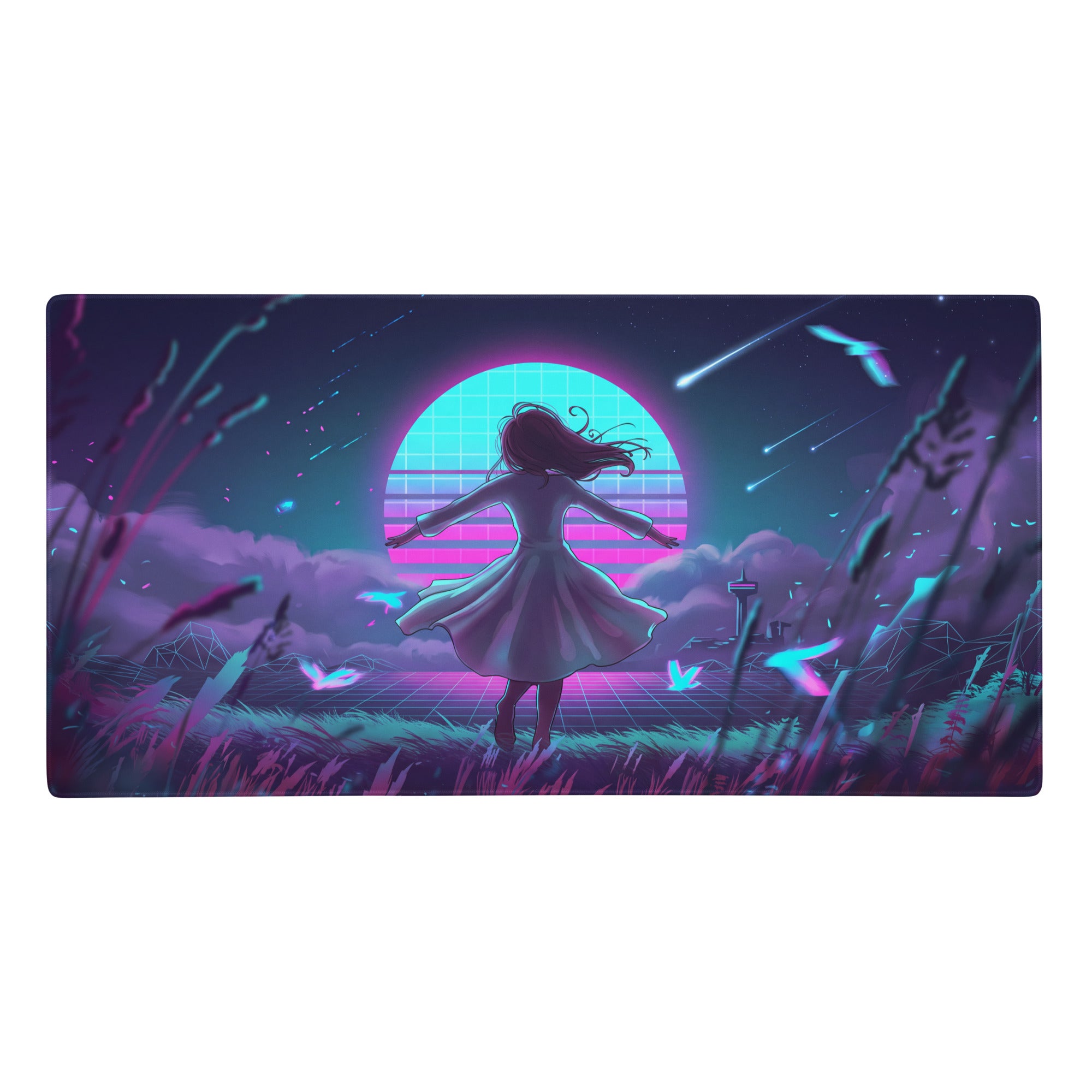 Neon vaporwave gaming mouse pad featuring a girl silhouette dancing under a cyan and magenta grid sun with neon grasses