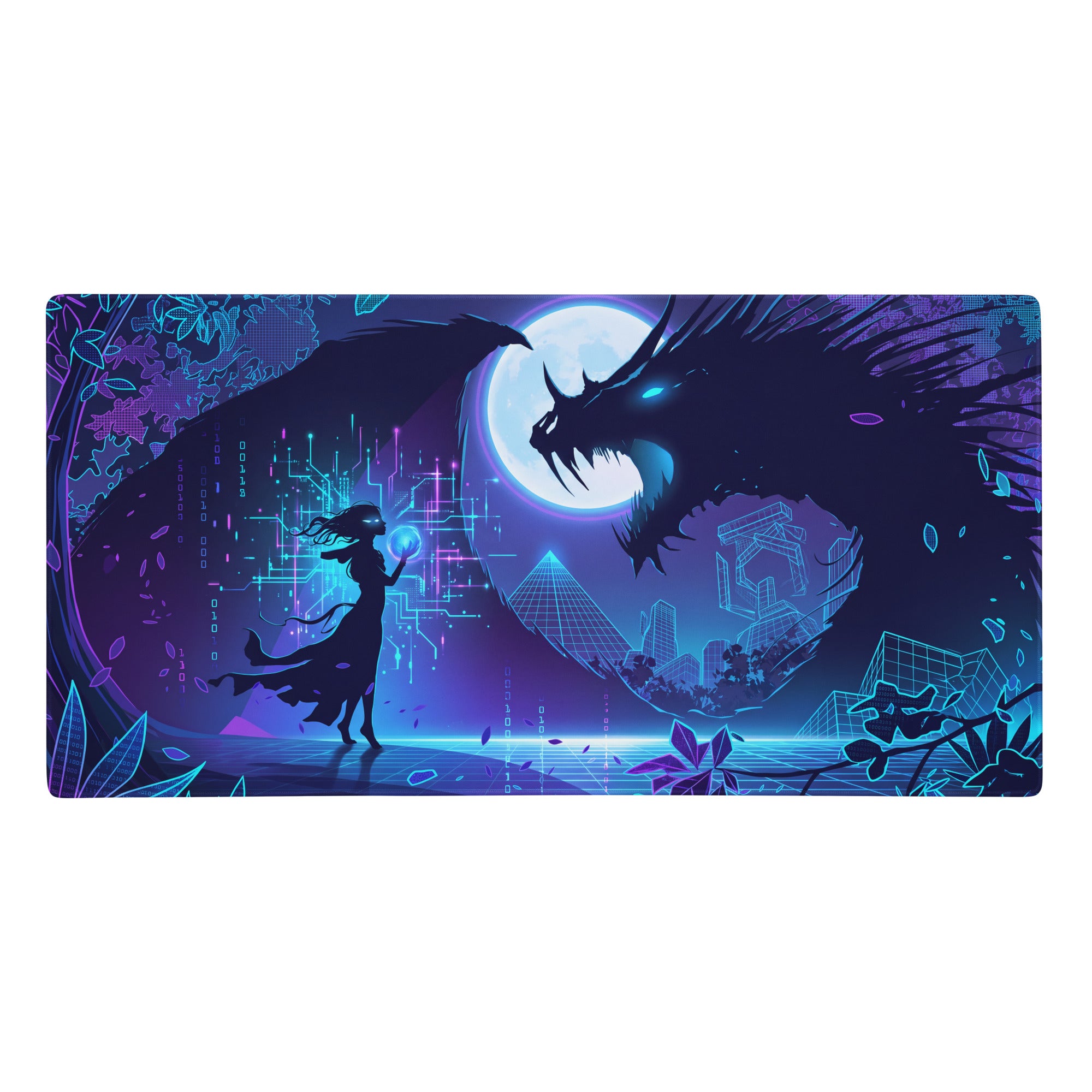 Neon dragon vaporwave gaming mousepad with nebula design featuring a girl and dragon silhouette in purple and blue neon