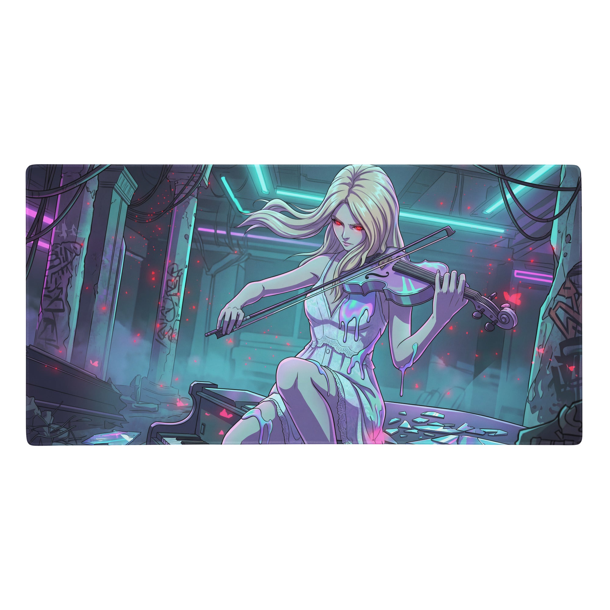 Rectangular gaming mousepad with anime blonde woman in white dress playing violin under neon pink teal lights