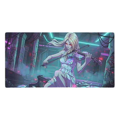 Rectangular gaming mousepad with anime blonde woman in white dress playing violin under neon pink teal lights