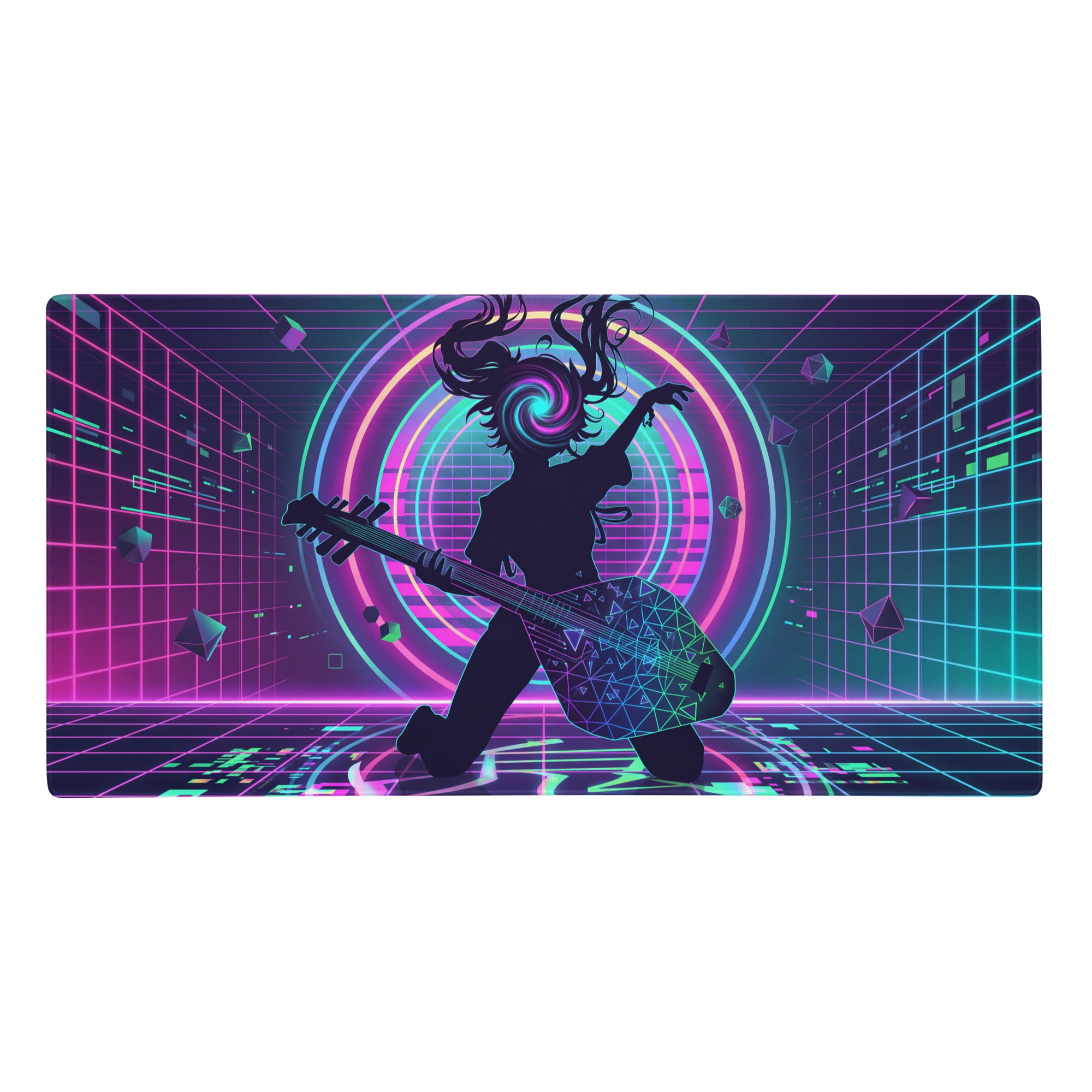 Neon vaporwave guitar pad rectangular gaming mouse pad with neon pink purple blue cyberpunk guitarist silhouette design