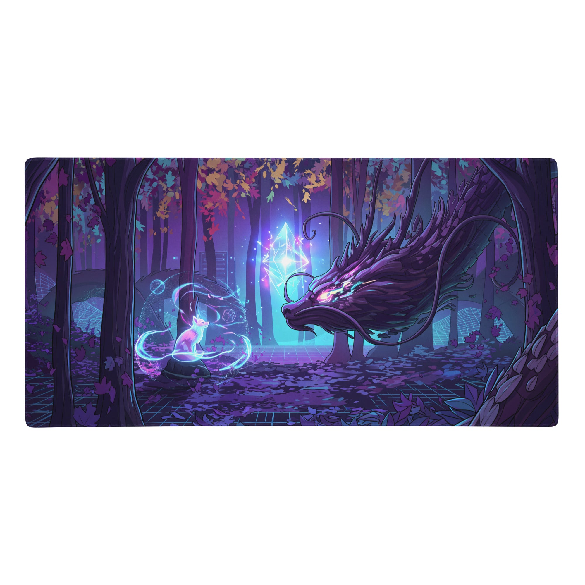 Narrow rectangular gaming mousepad with vibrant purple glowing dragon and mystical creature neon forest design