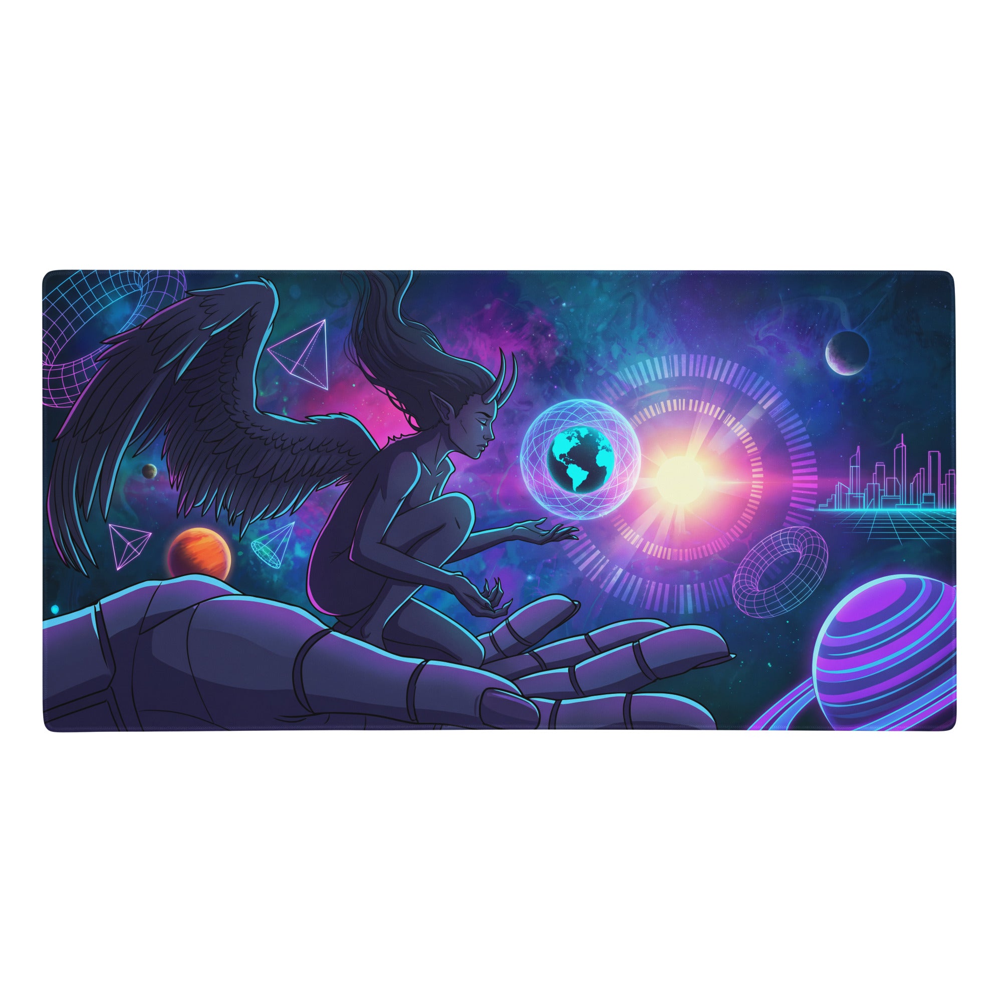 Neon vaporwave angel mouse pad vibrant neon purple and blue cosmic gaming mousepad with winged figure holding glowing earth orb