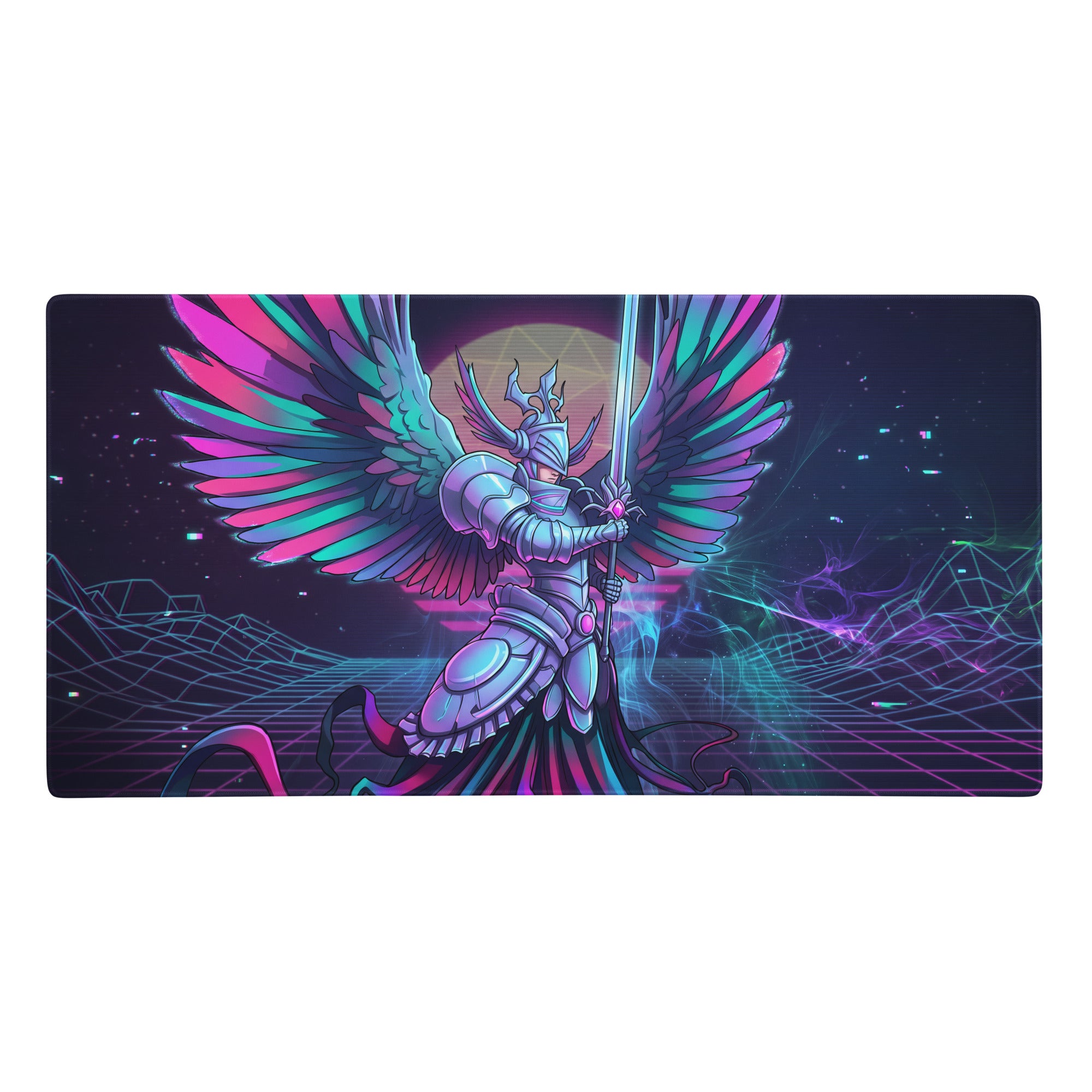 Vaporwave wings gaming mouse pad featuring a neon pink and teal winged knight in futuristic armor on a glowing grid