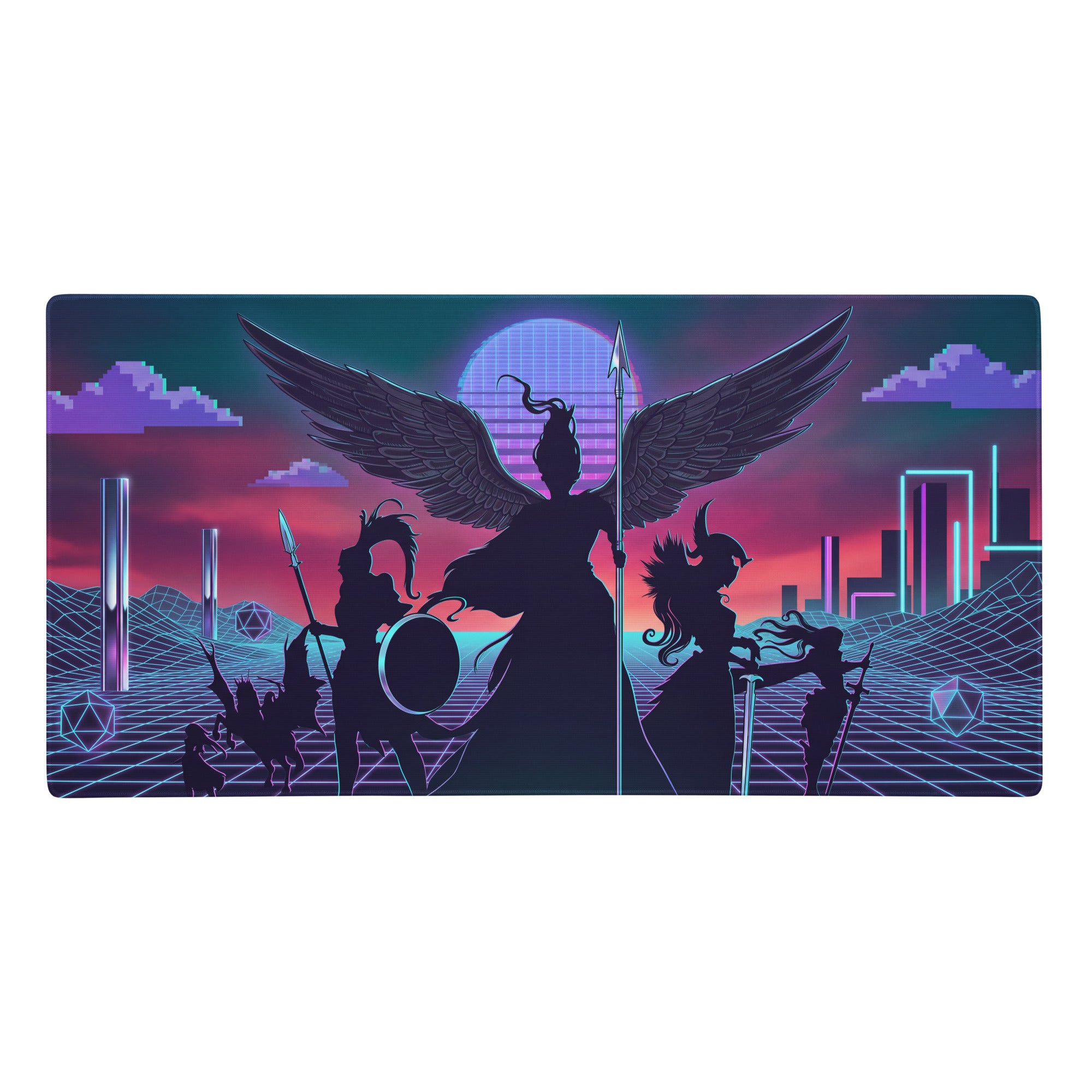 Vaporwave wings neon pad mouse pad with winged warrior silhouette on vibrant purple and pink neon cityscape background