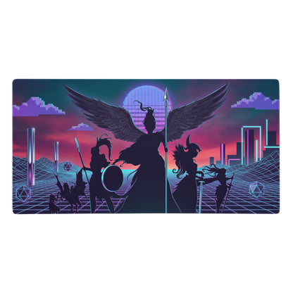 Vaporwave wings neon pad mouse pad with winged warrior silhouette on vibrant purple and pink neon cityscape background