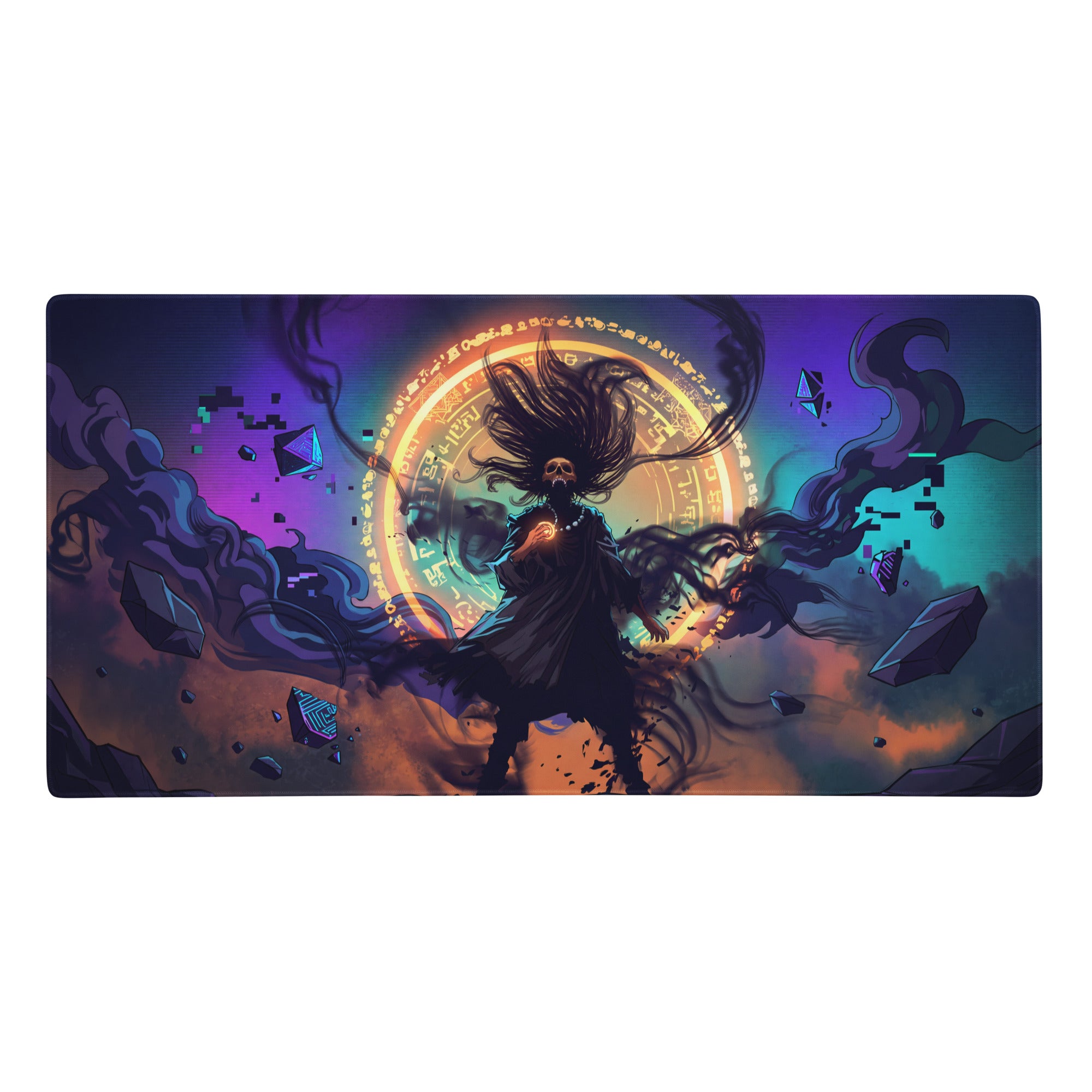 Vaporwave neon nightscape rectangular mouse pad with a skeletal figure, glowing runes, and purple blue gradient design