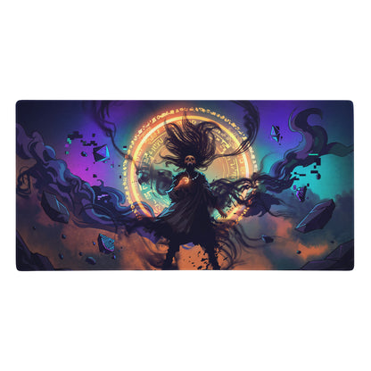 Vaporwave neon nightscape rectangular mouse pad with a skeletal figure, glowing runes, and purple blue gradient design