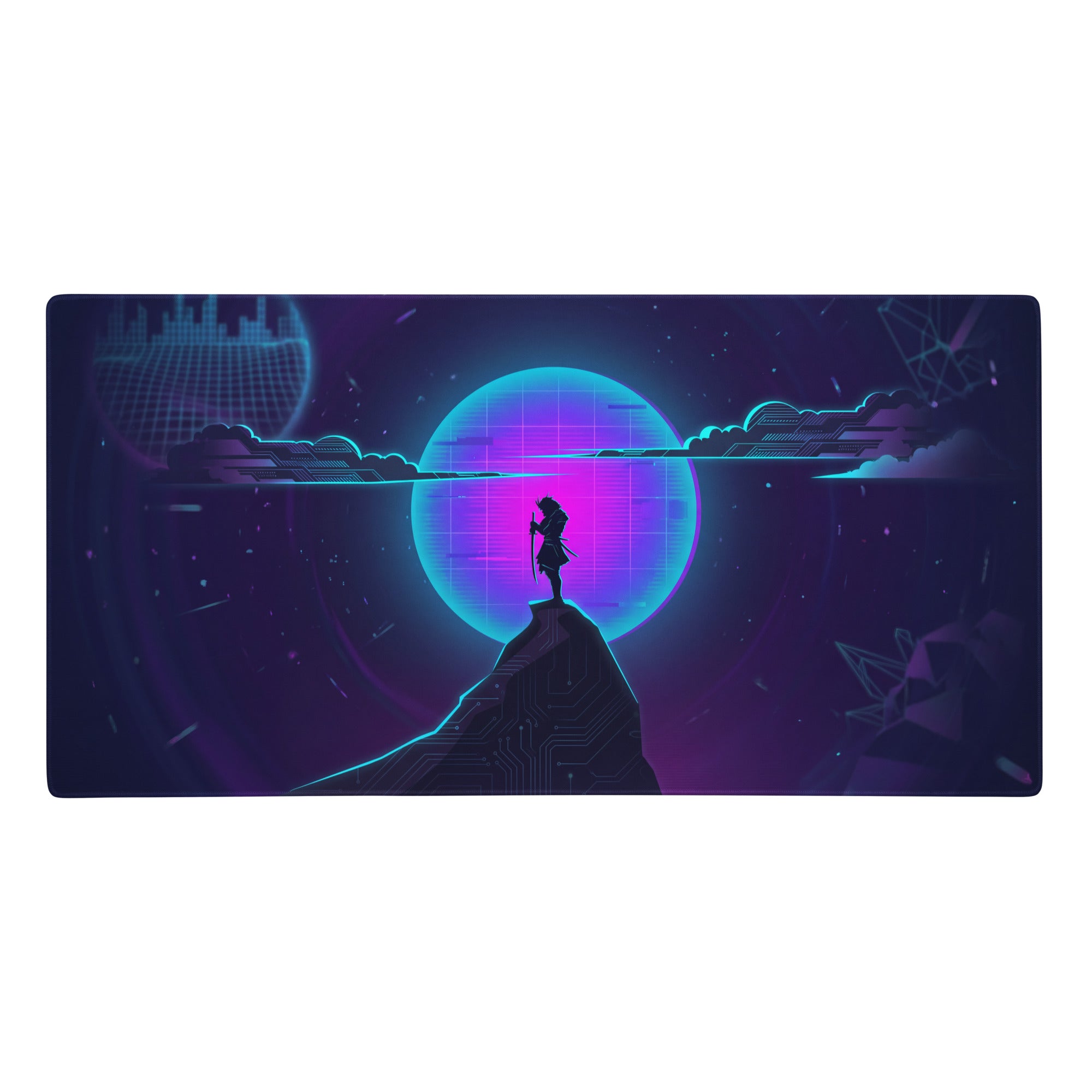 Vaporwave neon gaming pad featuring a nineties-inspired purple cyan cyberpunk mousepad with silhouette and circuit peak design