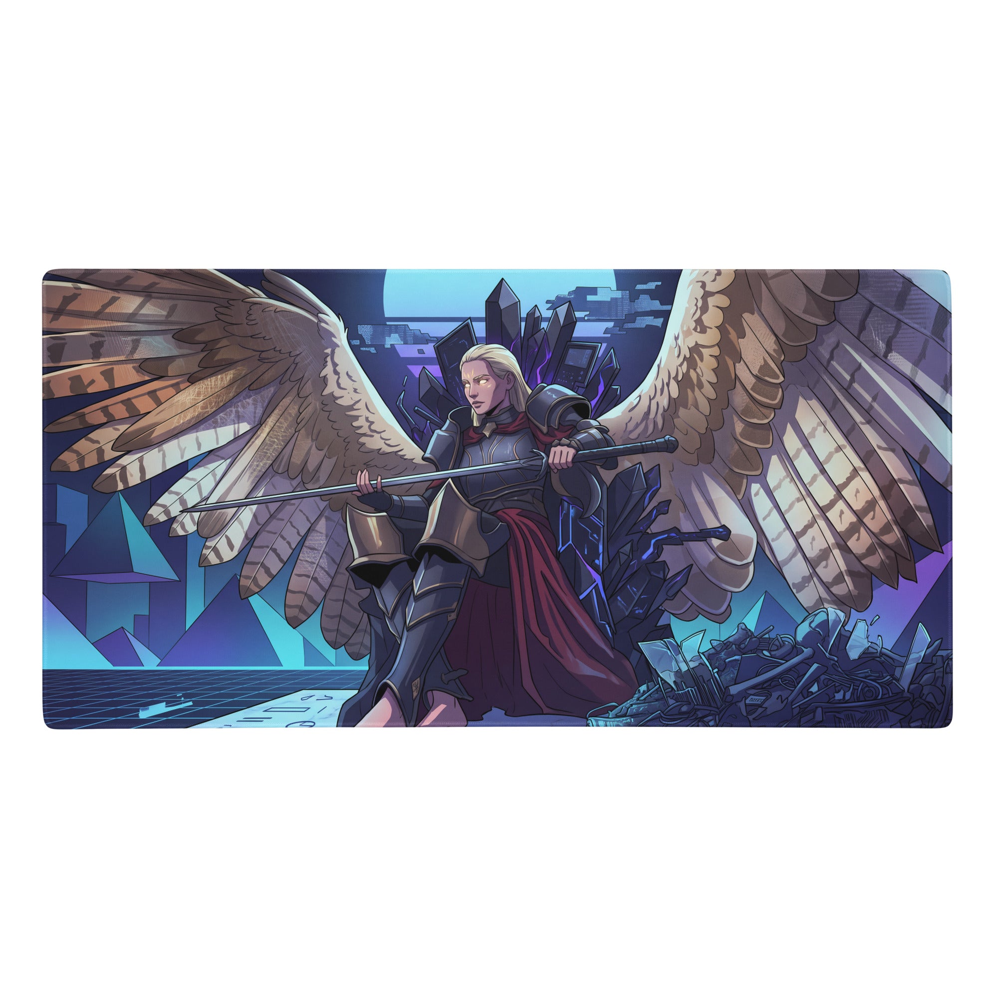 Rectangular Vaporwave Angel Flight mouse pad with an angelic warrior and purple blue pink wings on a neon grid desk mat