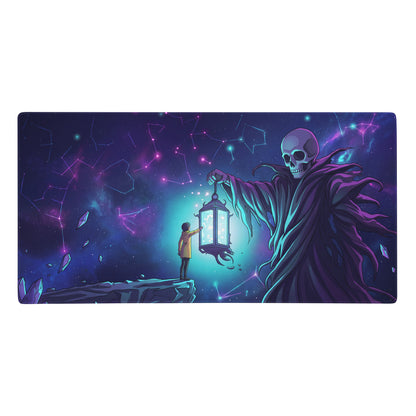 Neon skull vaporwave rectangular gaming mat with grim reaper and cosmic sky in vibrant purple and pink neon colors