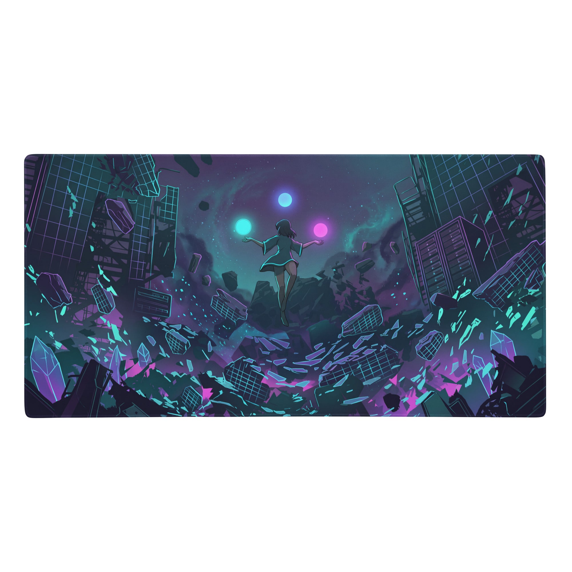 A rectangular vaporwave neon city mouse pad with vibrant purple and teal cyberpunk art of a figure in floating city ruins