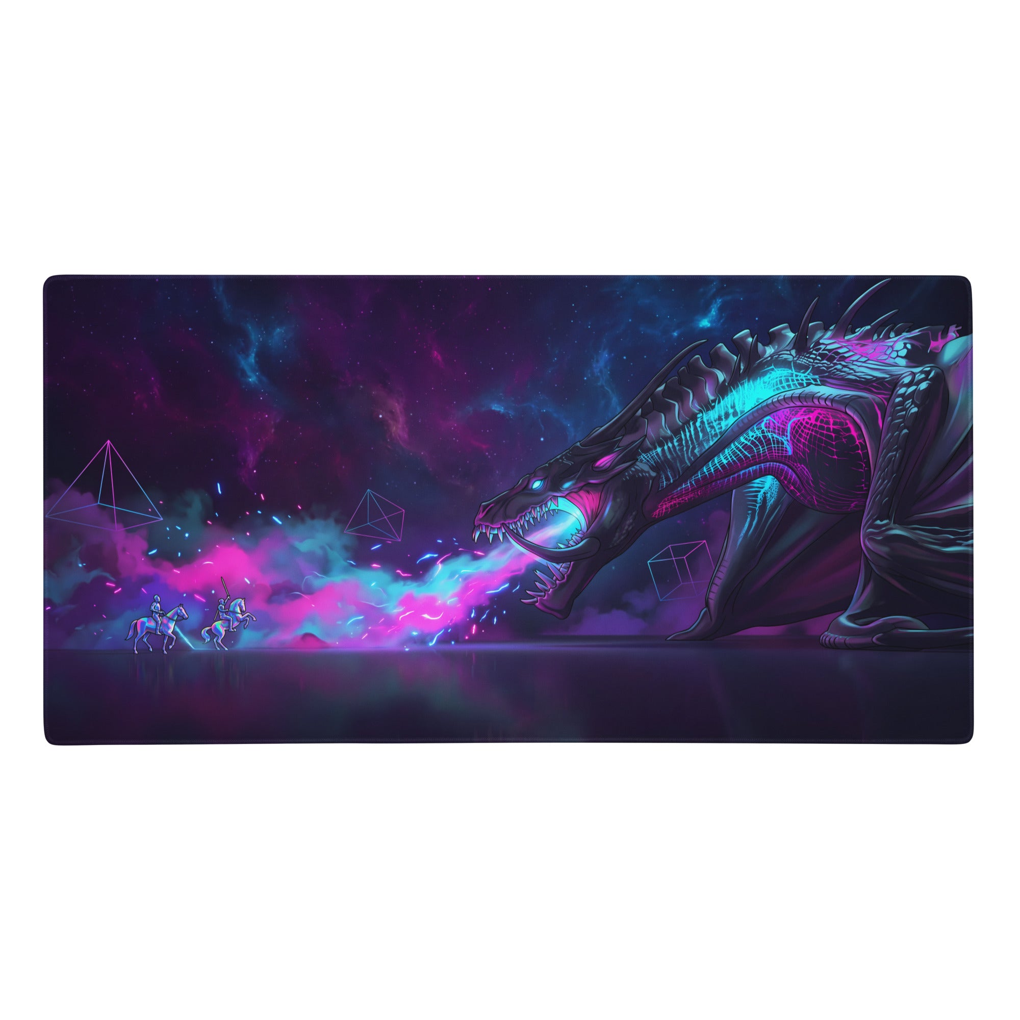 Neon dragon vaporwave mouse pad with vibrant purple and cyan hues on a non slip sleek gaming mat surface