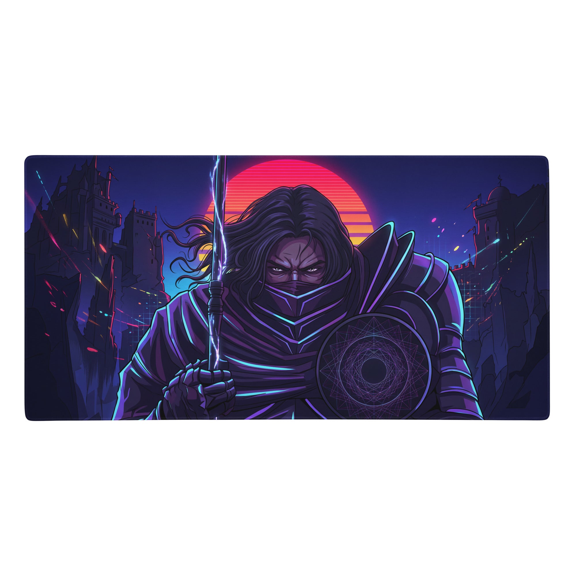 Neon vaporwave samurai gaming mousepad with vibrant neon sunset backdrop and detailed armor design in purple pink blue