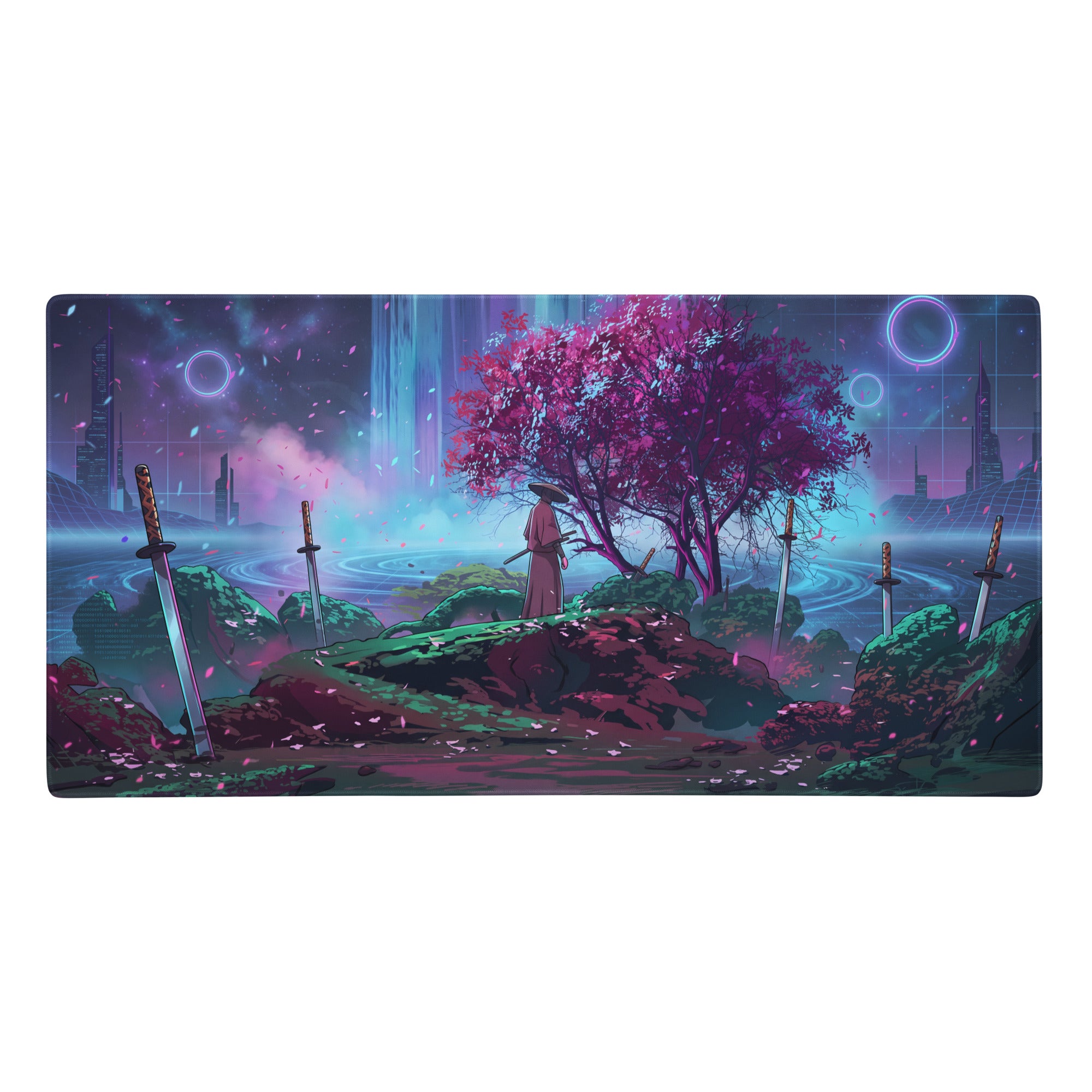 Vaporwave neon sakura mouse pad with nebula theme featuring a samurai in red under a purple tree with neon cityscape