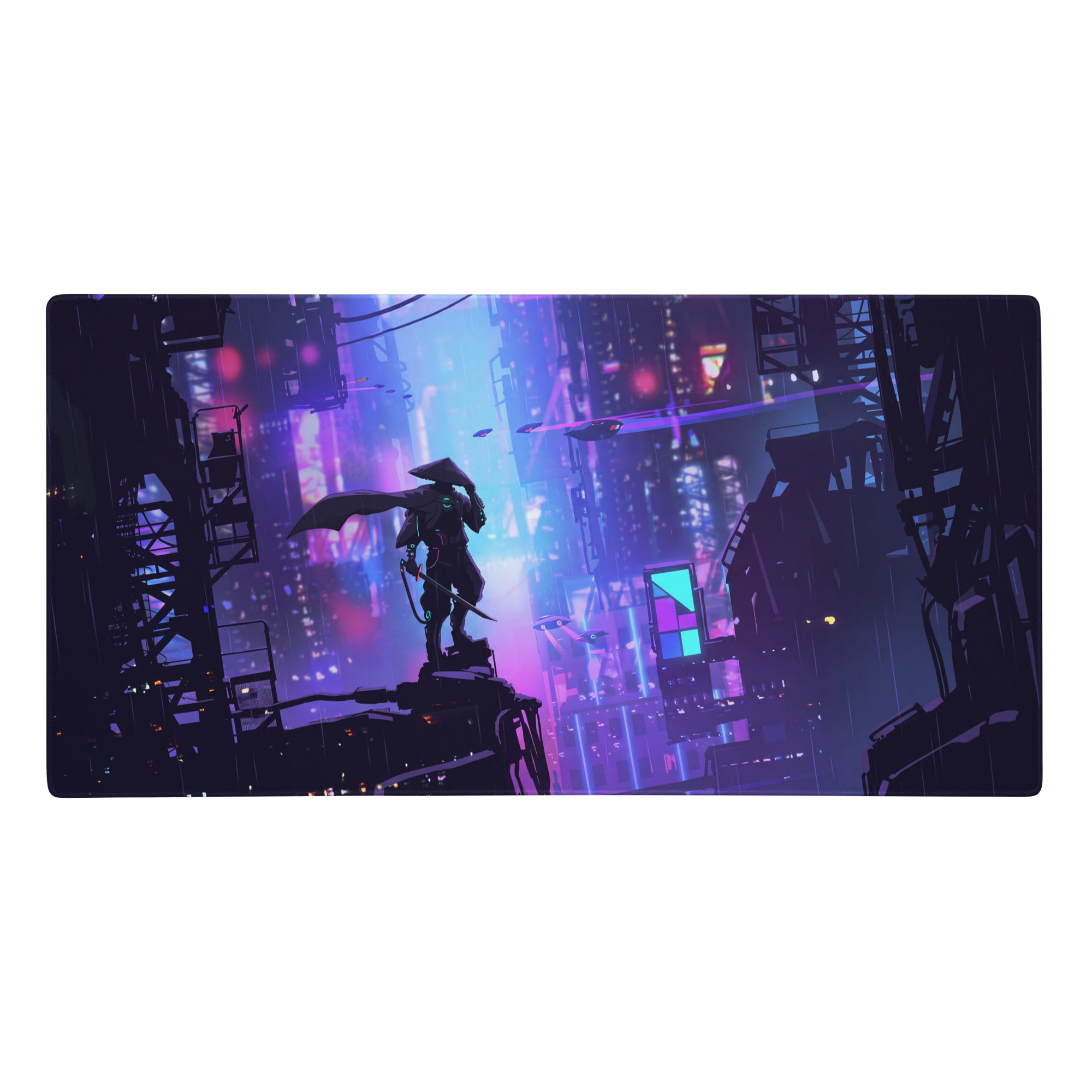 Narrow rectangular vaporwave neon city gaming mouse pad with purple and blue cyberpunk digital art design
