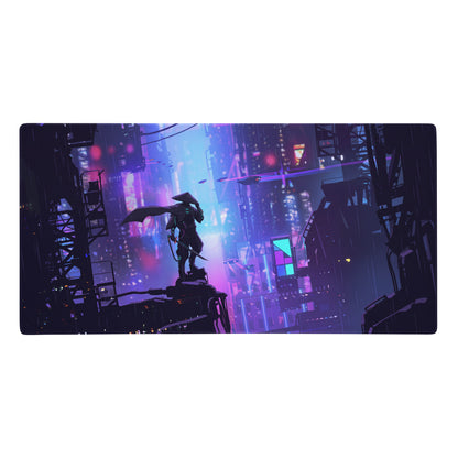 Narrow rectangular vaporwave neon city gaming mouse pad with purple and blue cyberpunk digital art design