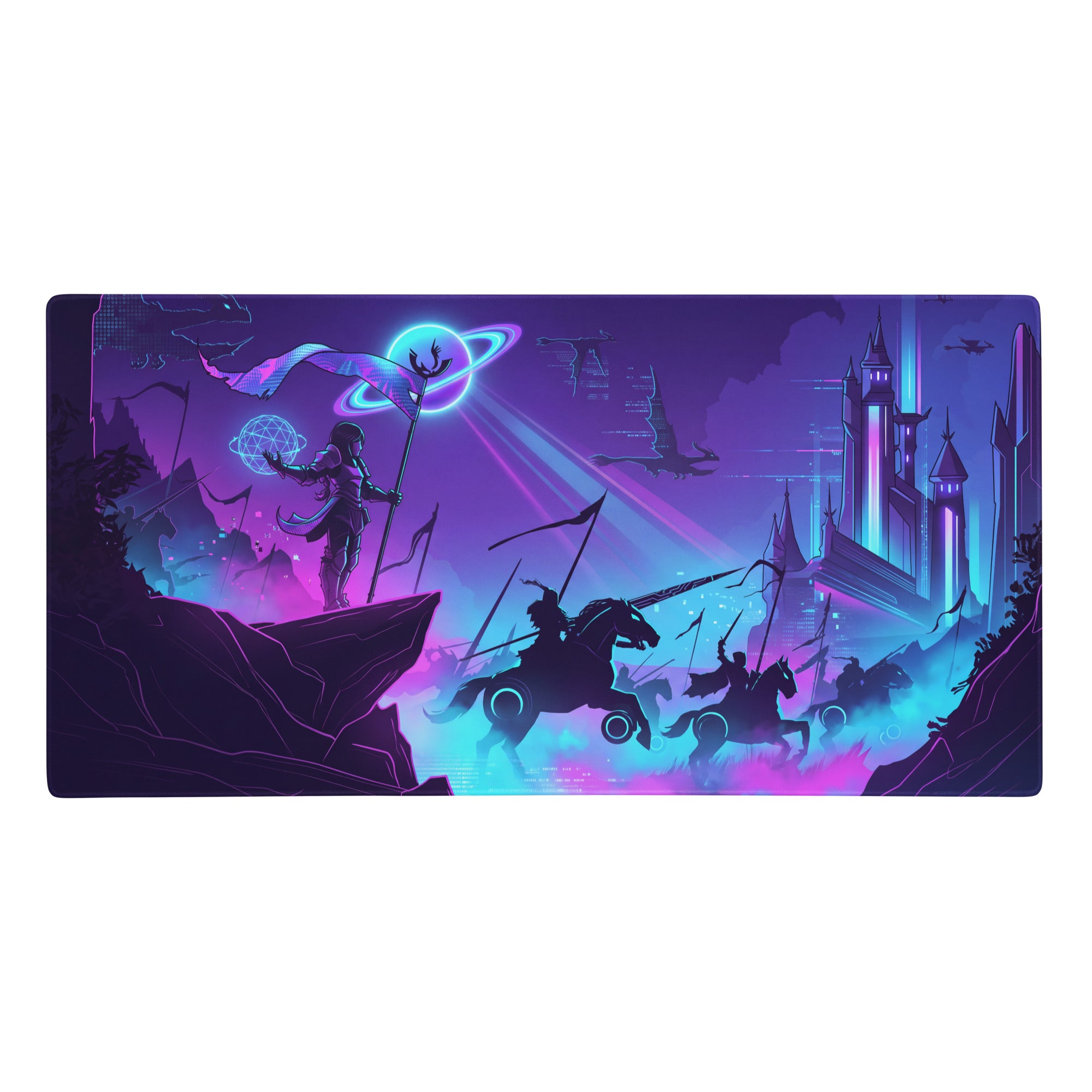 Vaporwave neon nightfall mouse pad with vibrant purple and cyan neon fantasy battle scene featuring knights and castles