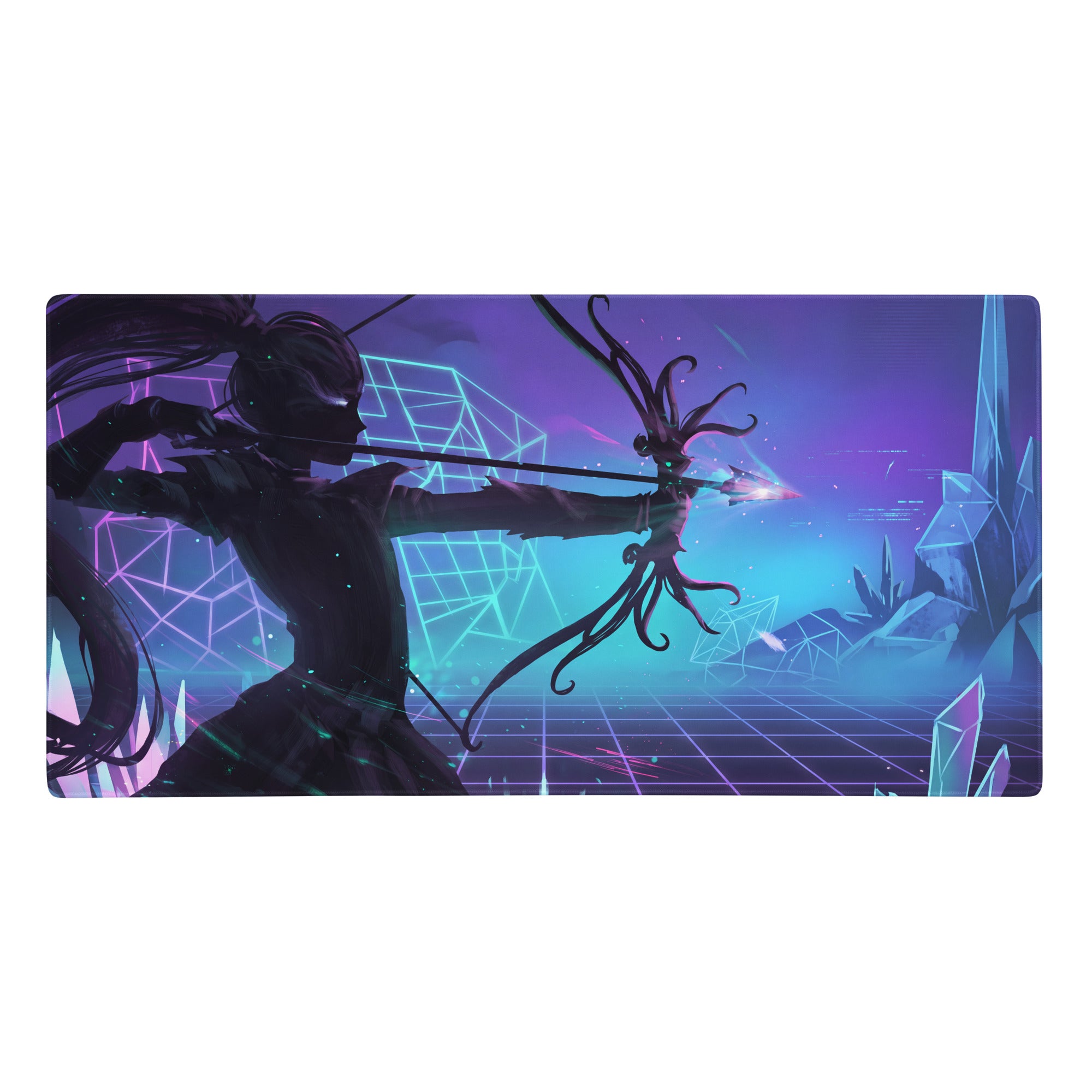 Nebula-themed vaporwave neon arena mouse pad with dark archer and glowing creature in purple pink blue cyberpunk design