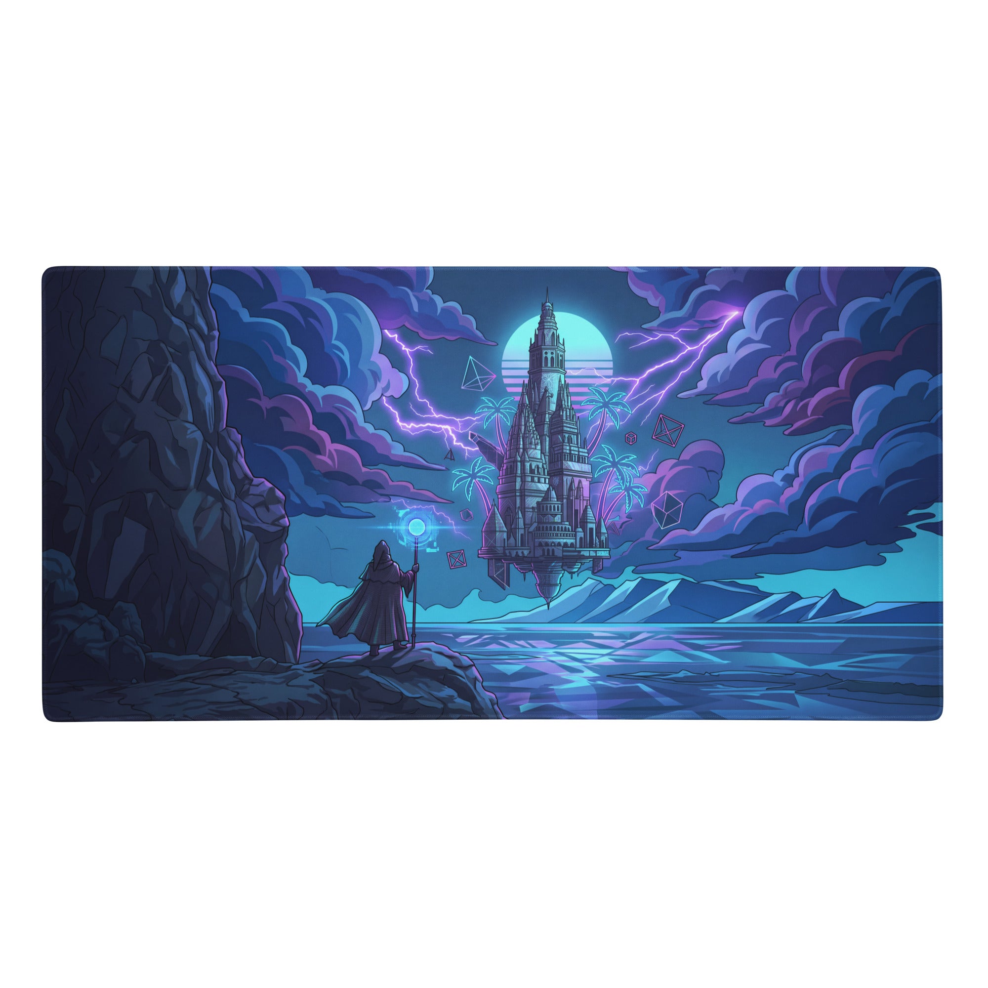 Nebula-themed gaming mousepad with wizard gazing at floating castle under vibrant purple and teal skies