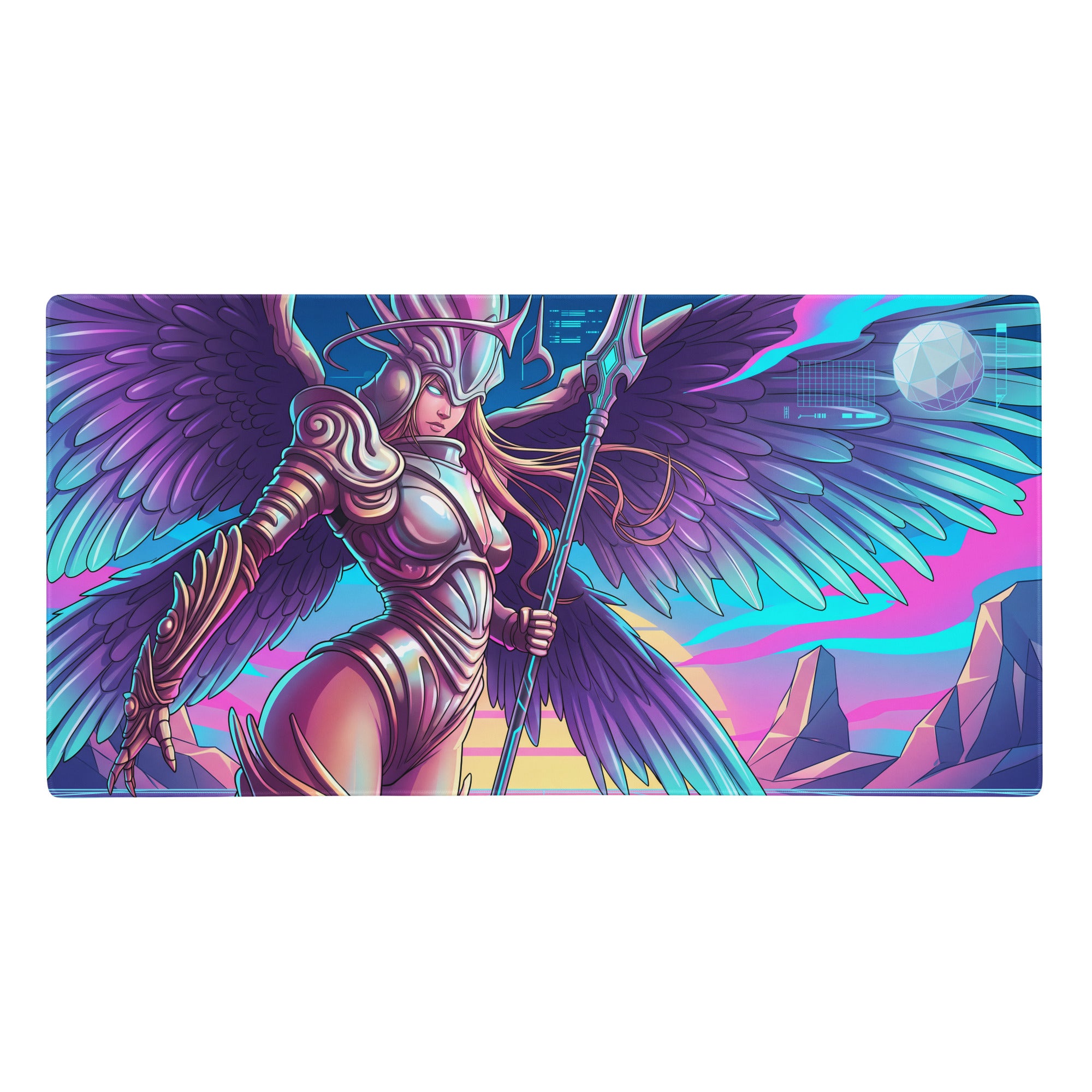 Vibrant neon-pink and teal vaporwave winged warrior mouse pad with metallic armor and spear on futuristic mountain backdrop