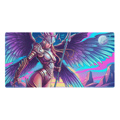 Vibrant neon-pink and teal vaporwave winged warrior mouse pad with metallic armor and spear on futuristic mountain backdrop