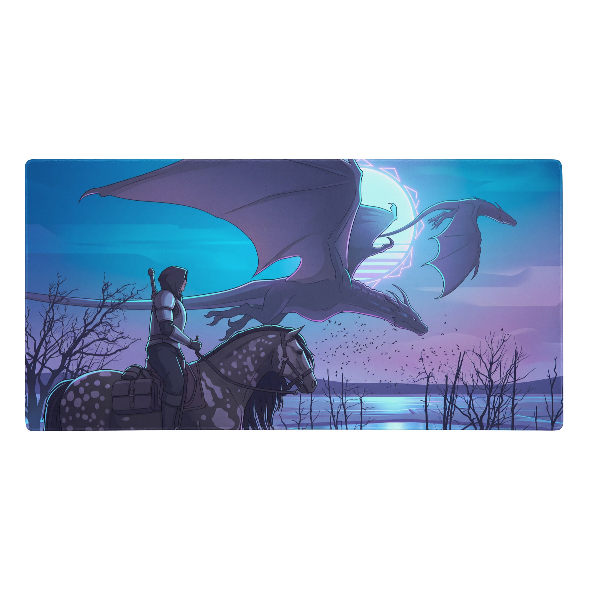 Rectangular vaporwave neon dragon gaming mousepad with stylized knight on horseback and dragon against purple twilight sky