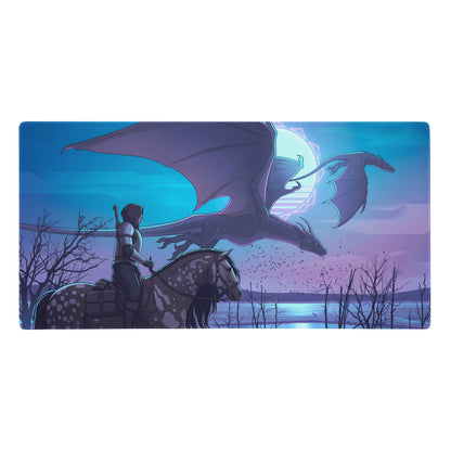 Rectangular vaporwave neon dragon gaming mousepad with stylized knight on horseback and dragon against purple twilight sky