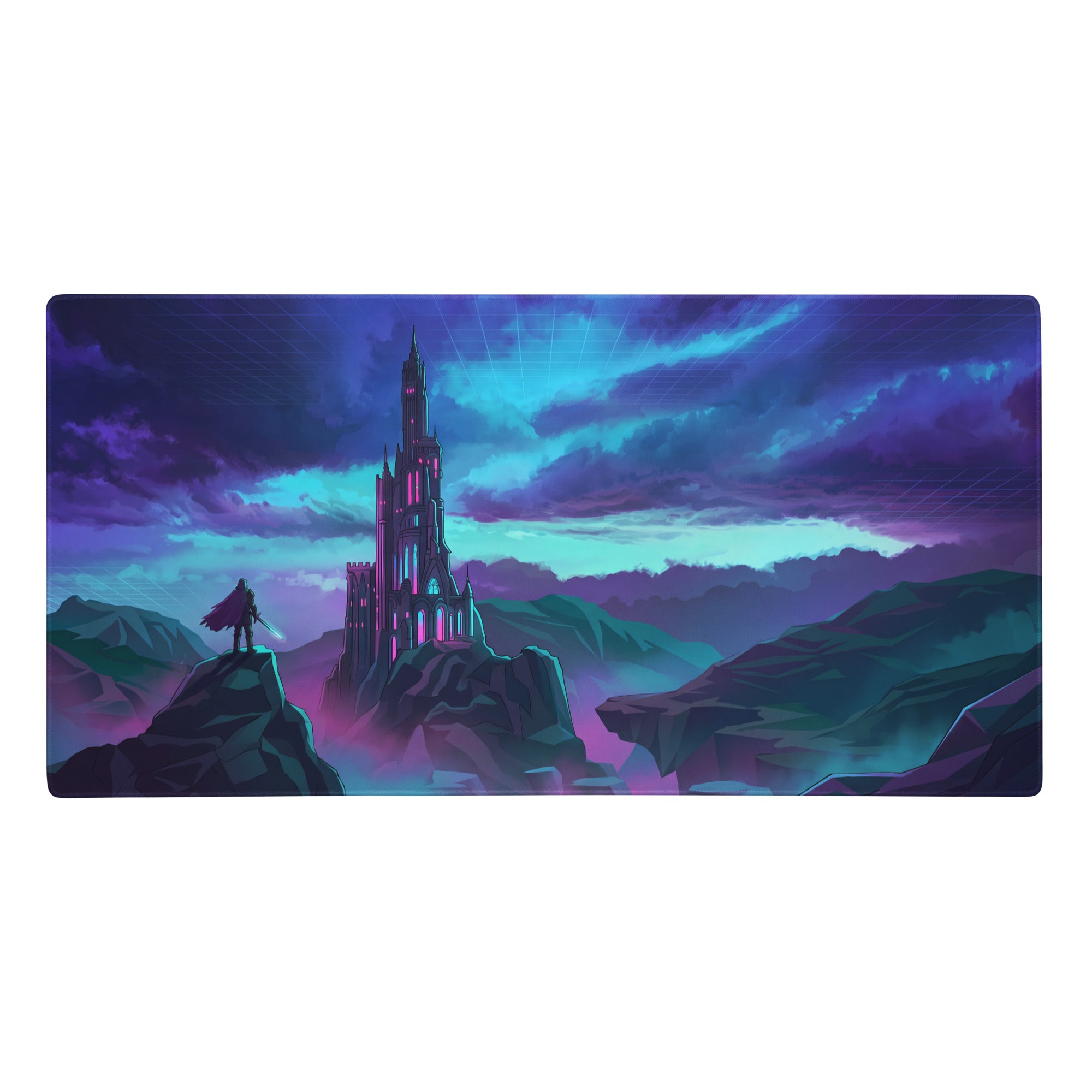 Neon city vaporwave gaming mat with vibrant purple and blue fantasy illustration of figure by illuminated castle under sky