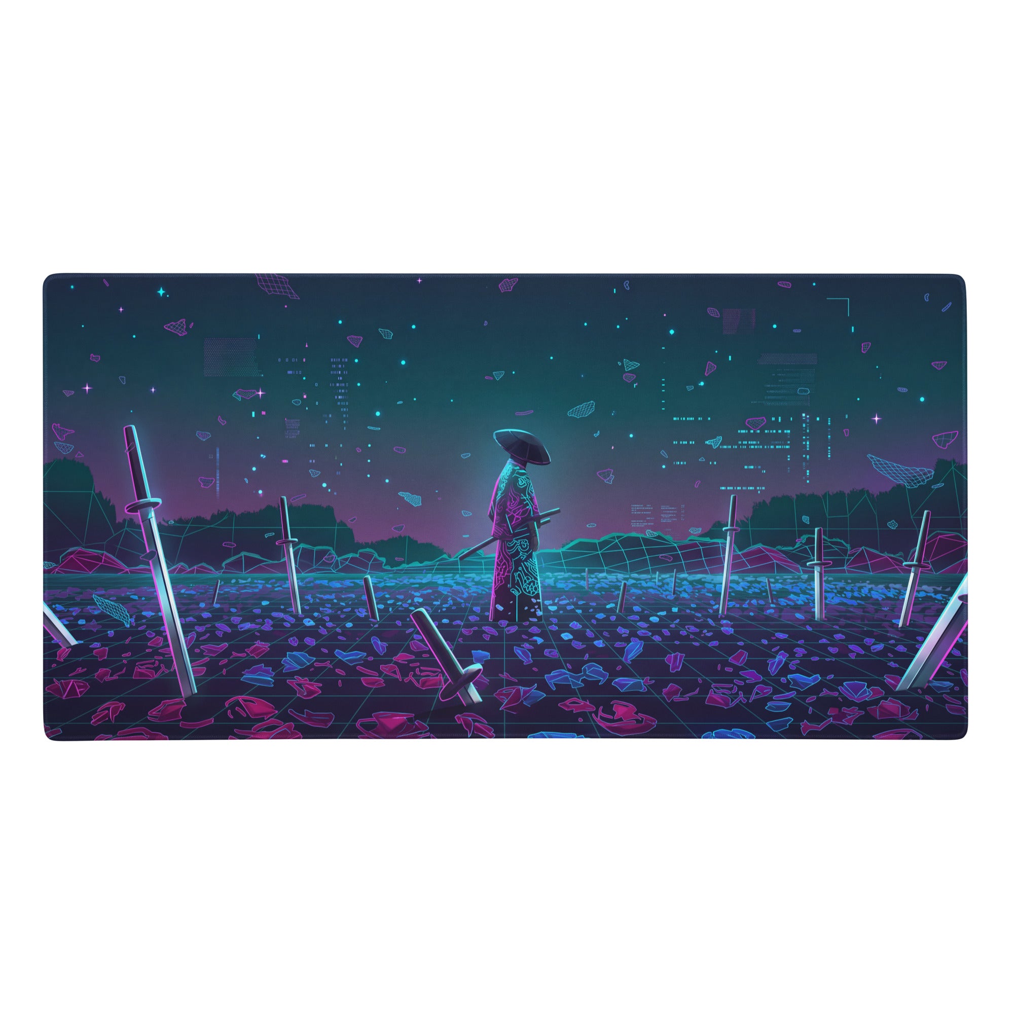 Neon vaporwave nightscape mouse pad with nebula theme and glowing purple teal samurai under starry digital sky