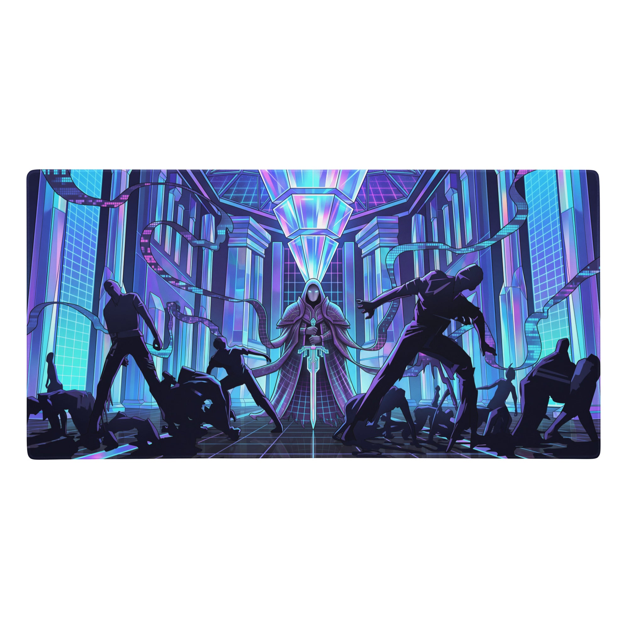 Narrow rectangular vaporwave neon city mouse pad with vibrant purple and blue cyberpunk scene and dynamic hooded figure design