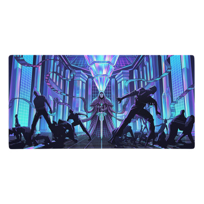 Narrow rectangular vaporwave neon city mouse pad with vibrant purple and blue cyberpunk scene and dynamic hooded figure design