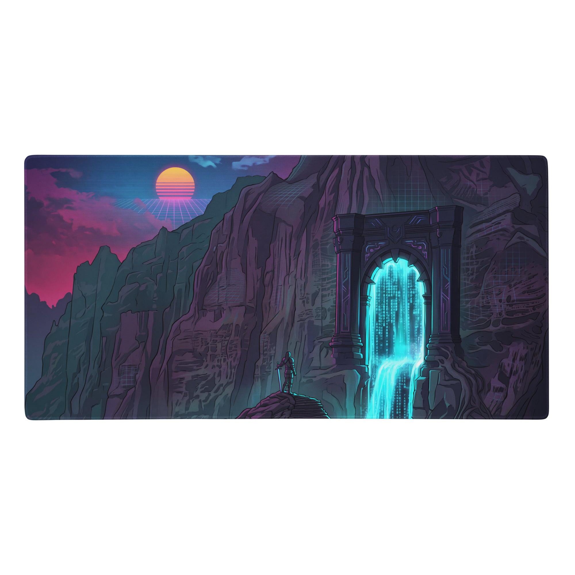 Neon mountain portal gaming mouse pad with retro-futuristic design featuring glowing cyan digital rain and purple pink mountains