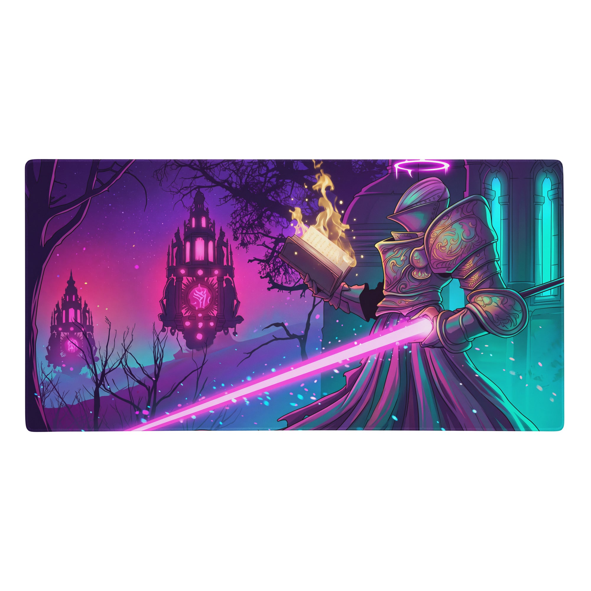 Neon vaporwave gaming mouse pad with a fantasy armored knight and glowing pink sword on a purple teal landscape