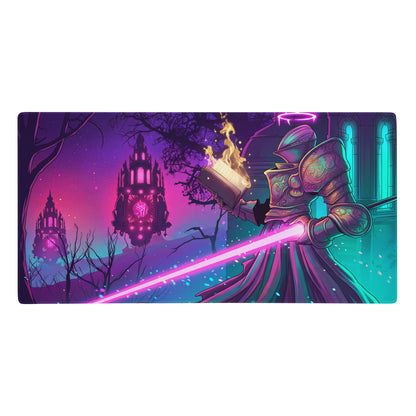 Neon vaporwave gaming mouse pad with a fantasy armored knight and glowing pink sword on a purple teal landscape