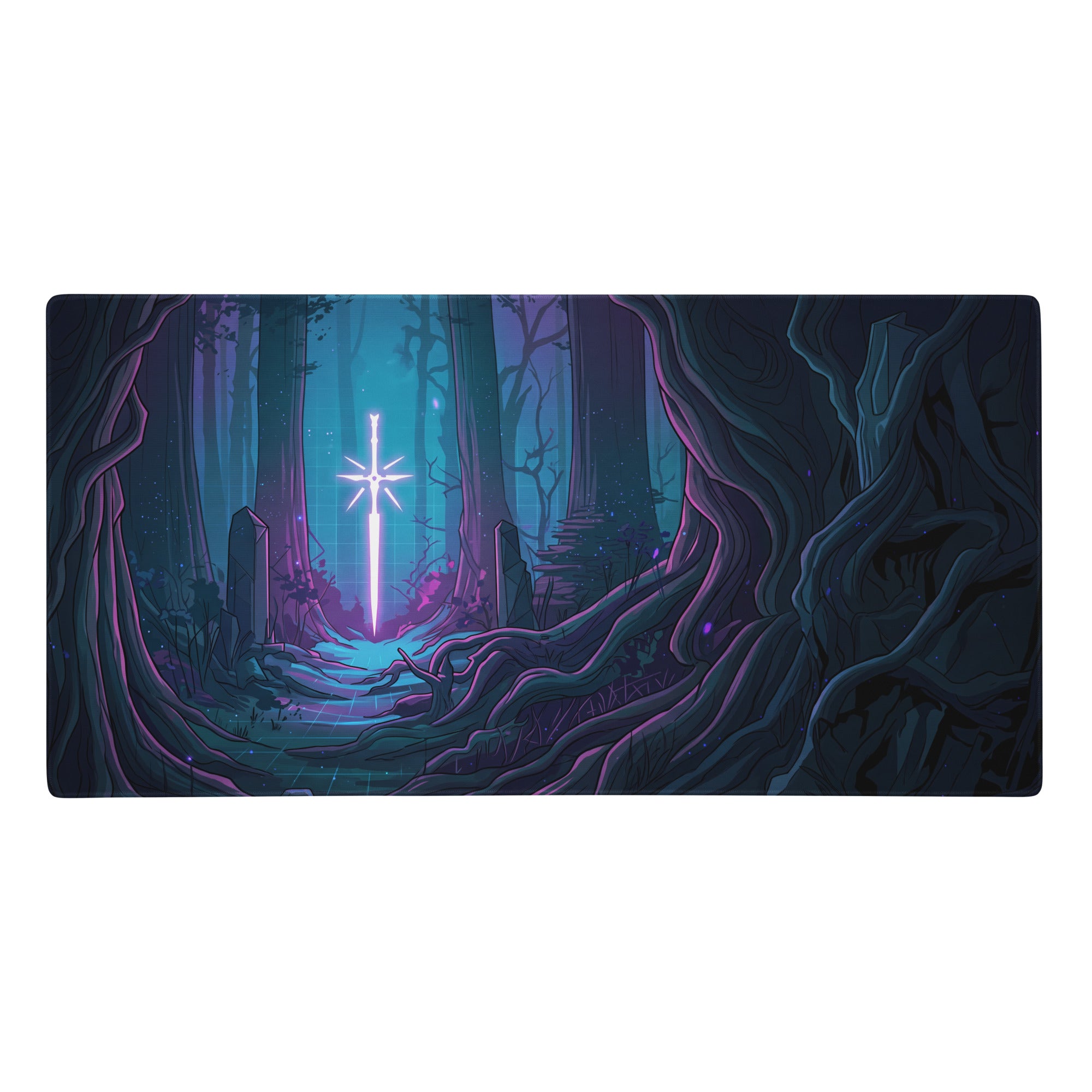 Neon forest vaporwave rectangular gaming mousepad with glowing sword in mystical purple blue teal forest design