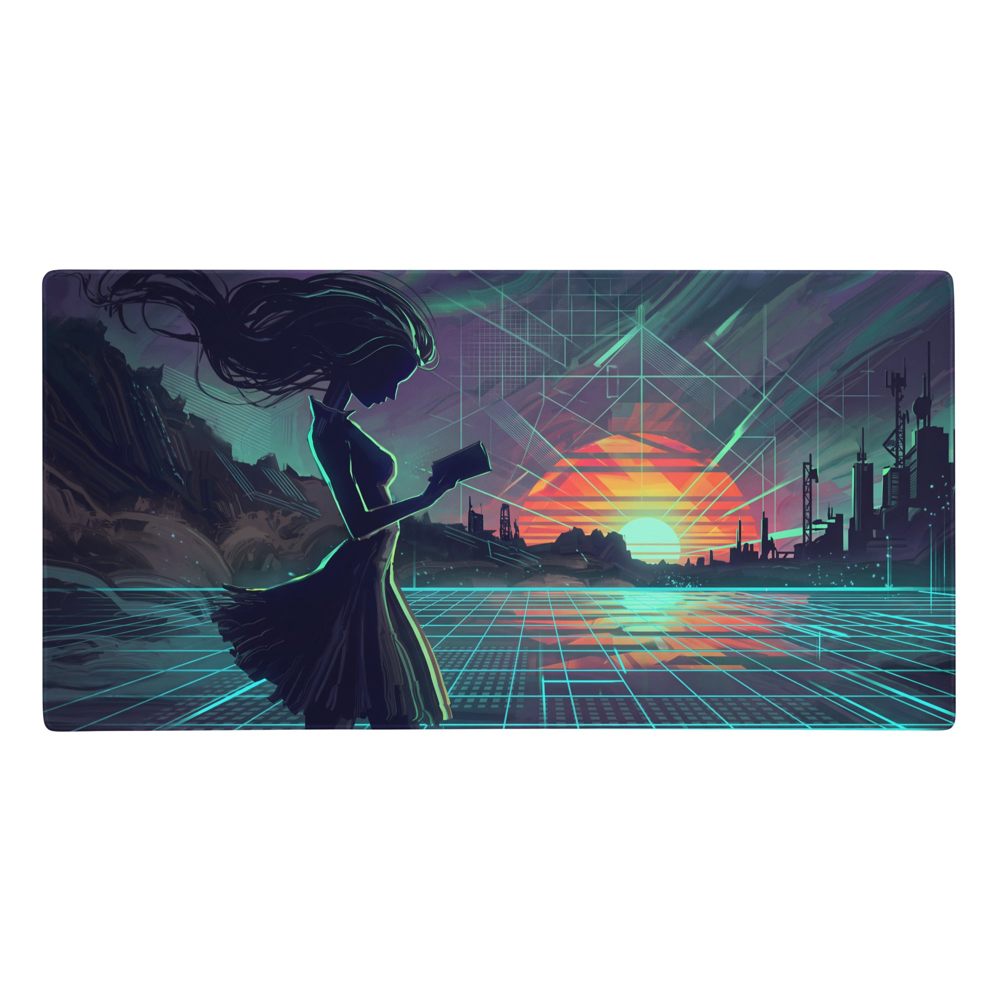 Vaporwave neon desk mouse pad with a purple teal design featuring a silhouette on a glowing cyan grid at sunset