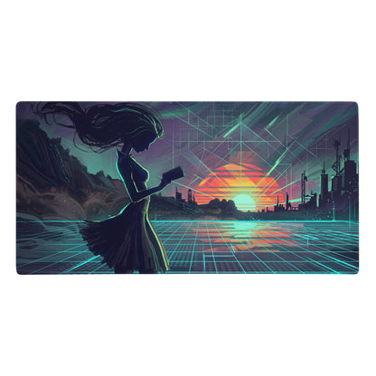 Vaporwave neon desk mouse pad with a purple teal design featuring a silhouette on a glowing cyan grid at sunset