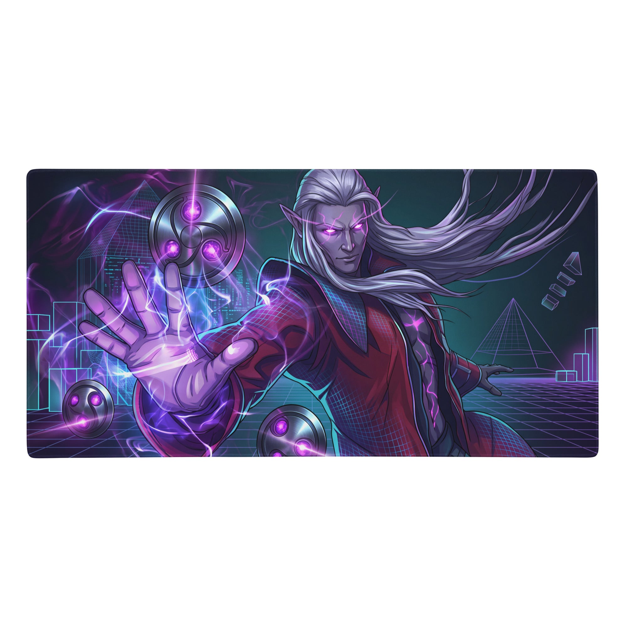 Vaporwave neon mage gaming mousepad with vibrant elf character and futuristic cityscape in purple and blue tones