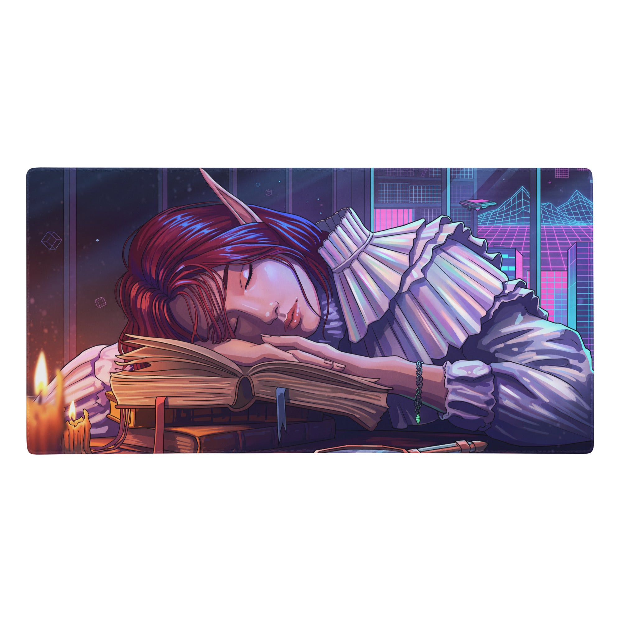 Narrow rectangular vaporwave dream anime style mouse pad with red-haired elf sleeping on books neon purple pink blue design
