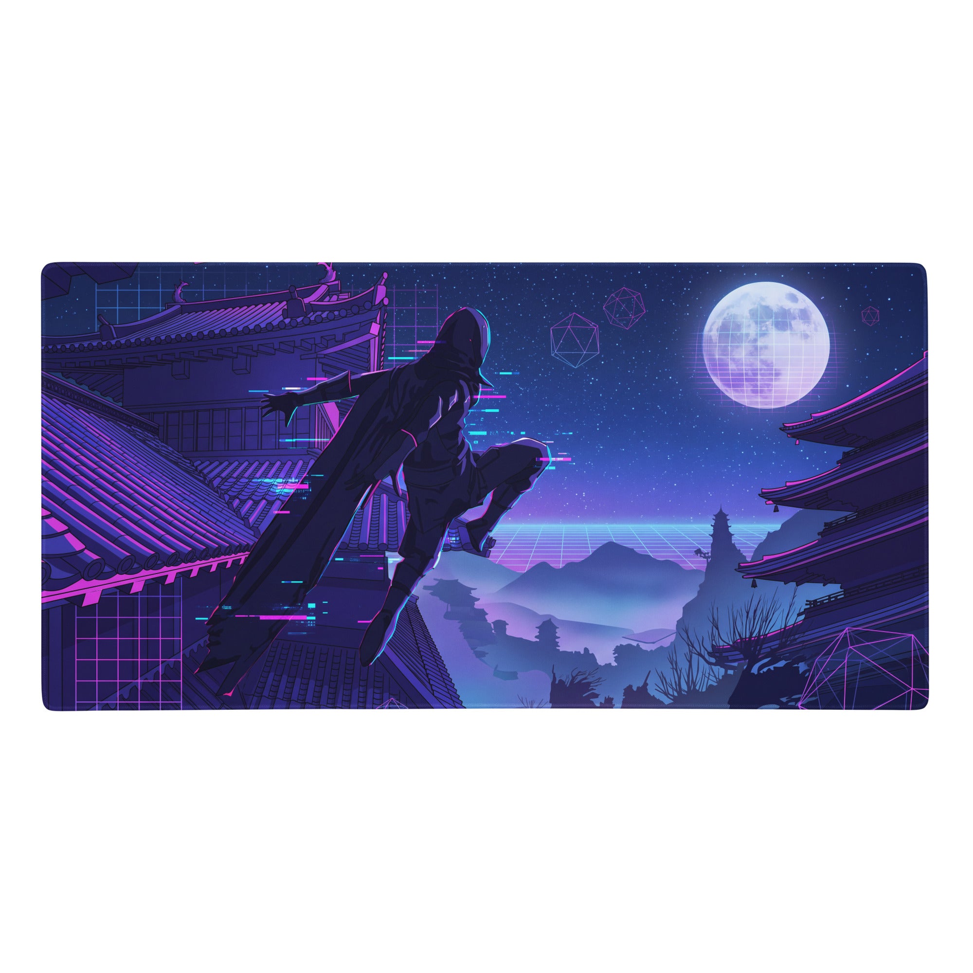 Neon vaporwave gaming mouse pad with nebula theme featuring a figure leaping across asian rooftops in purple and pink hues