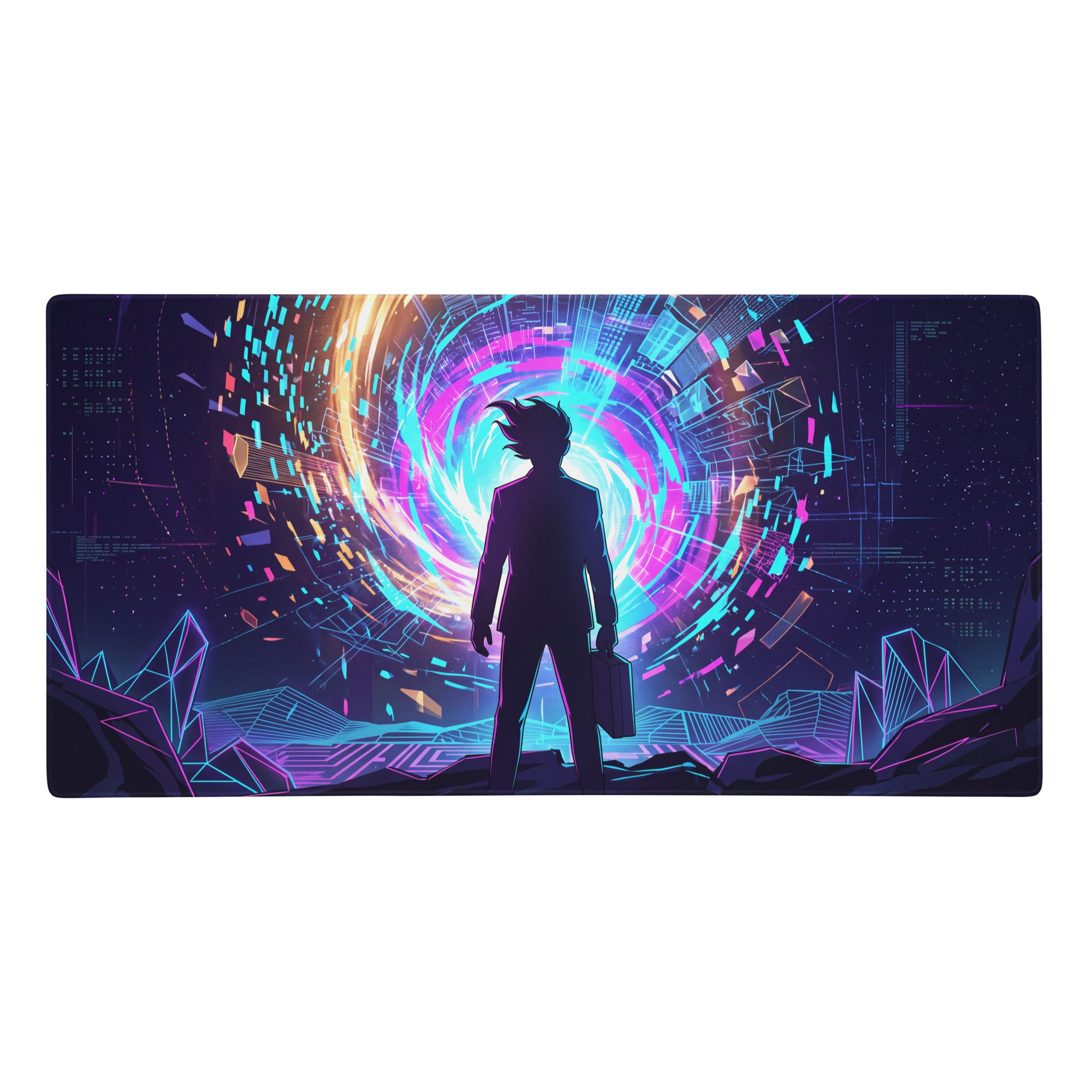 Neon vaporwave gaming mouse pad with nebula theme featuring a silhouetted man and neon cityscape in purple blue tones