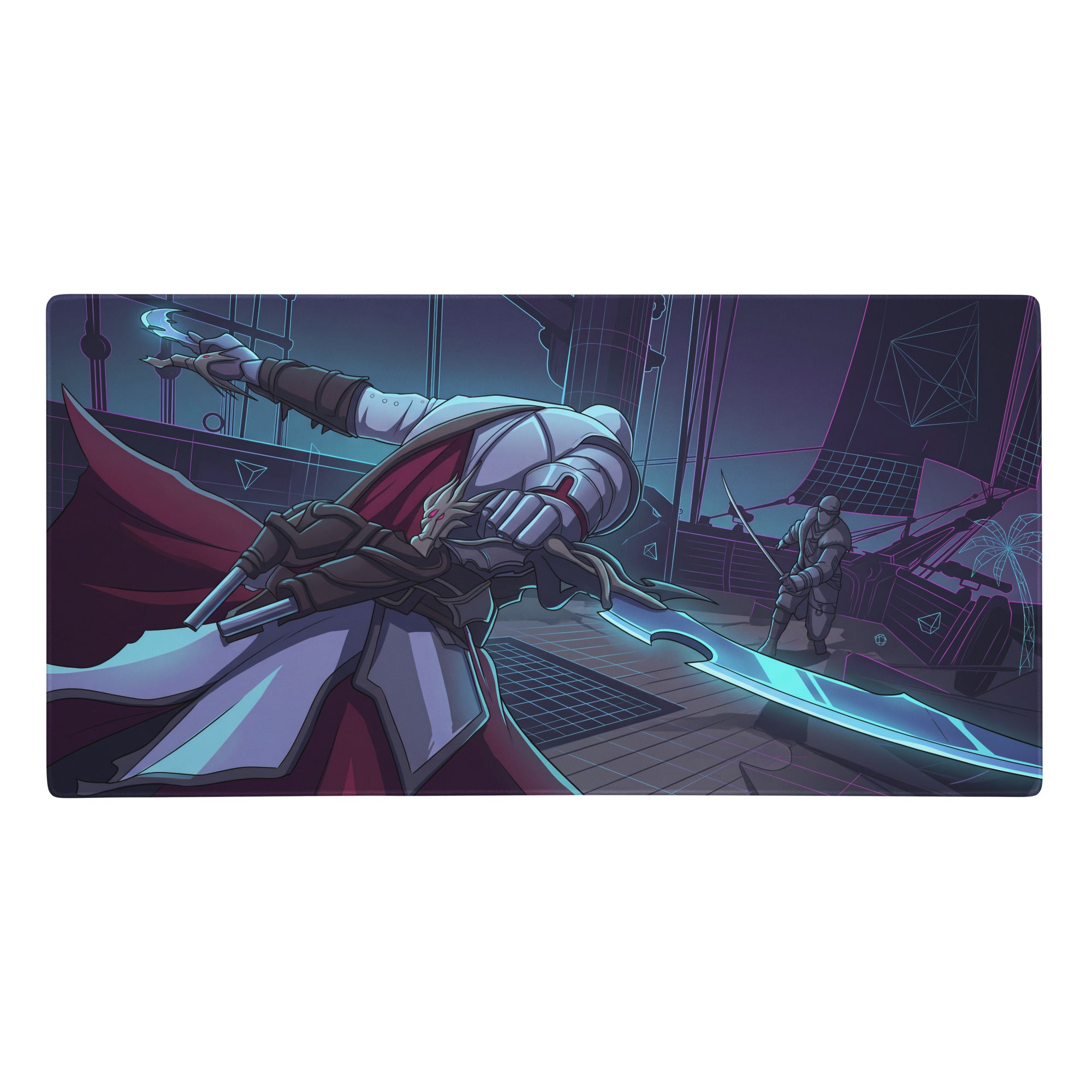 Vaporwave neon knight gaming mouse pad with dynamic assassin illustration in white red robes and glowing blue sword on ship