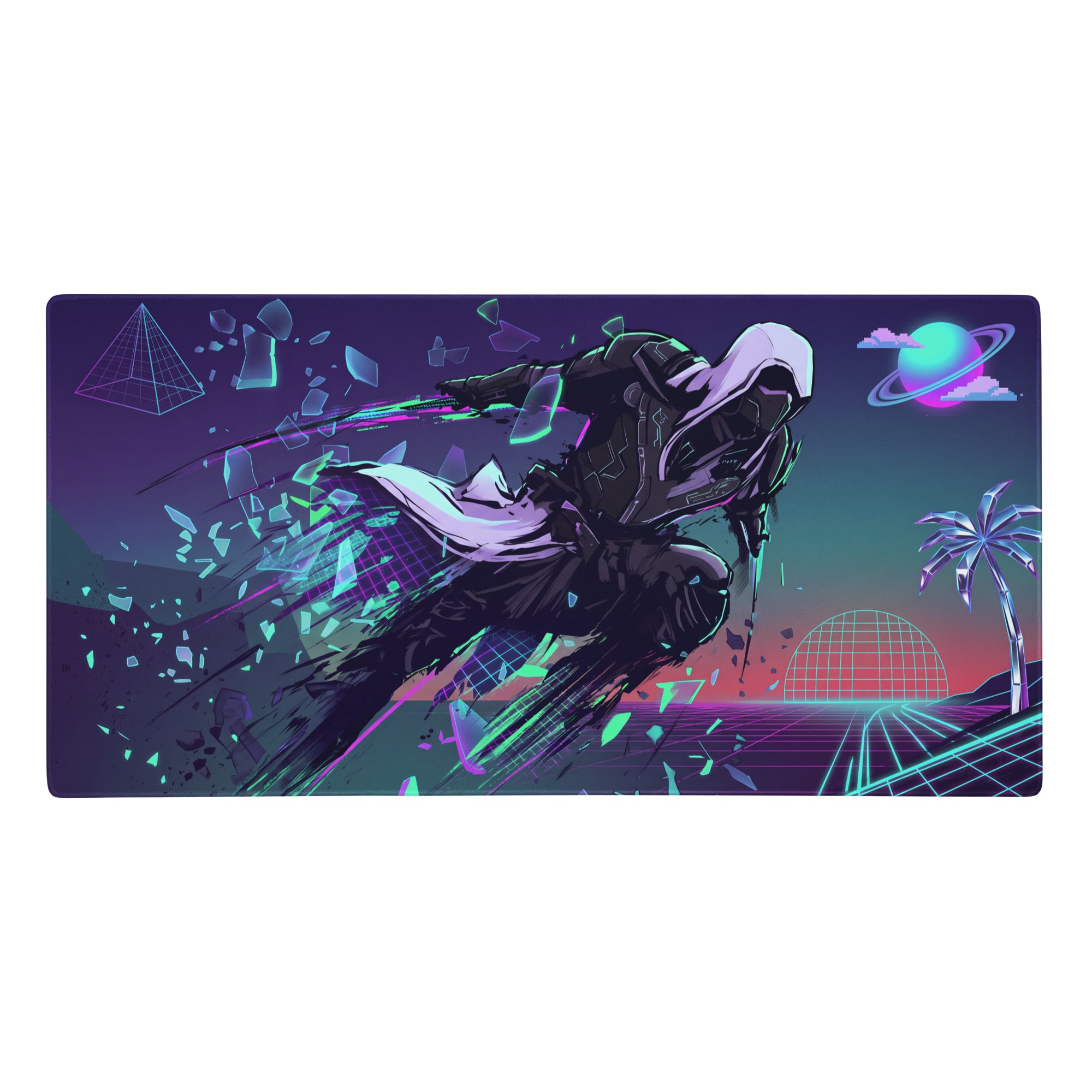 Vaporwave neon warrior gaming mouse pad featuring a ninjago action figure with purple and blue retro-futuristic design
