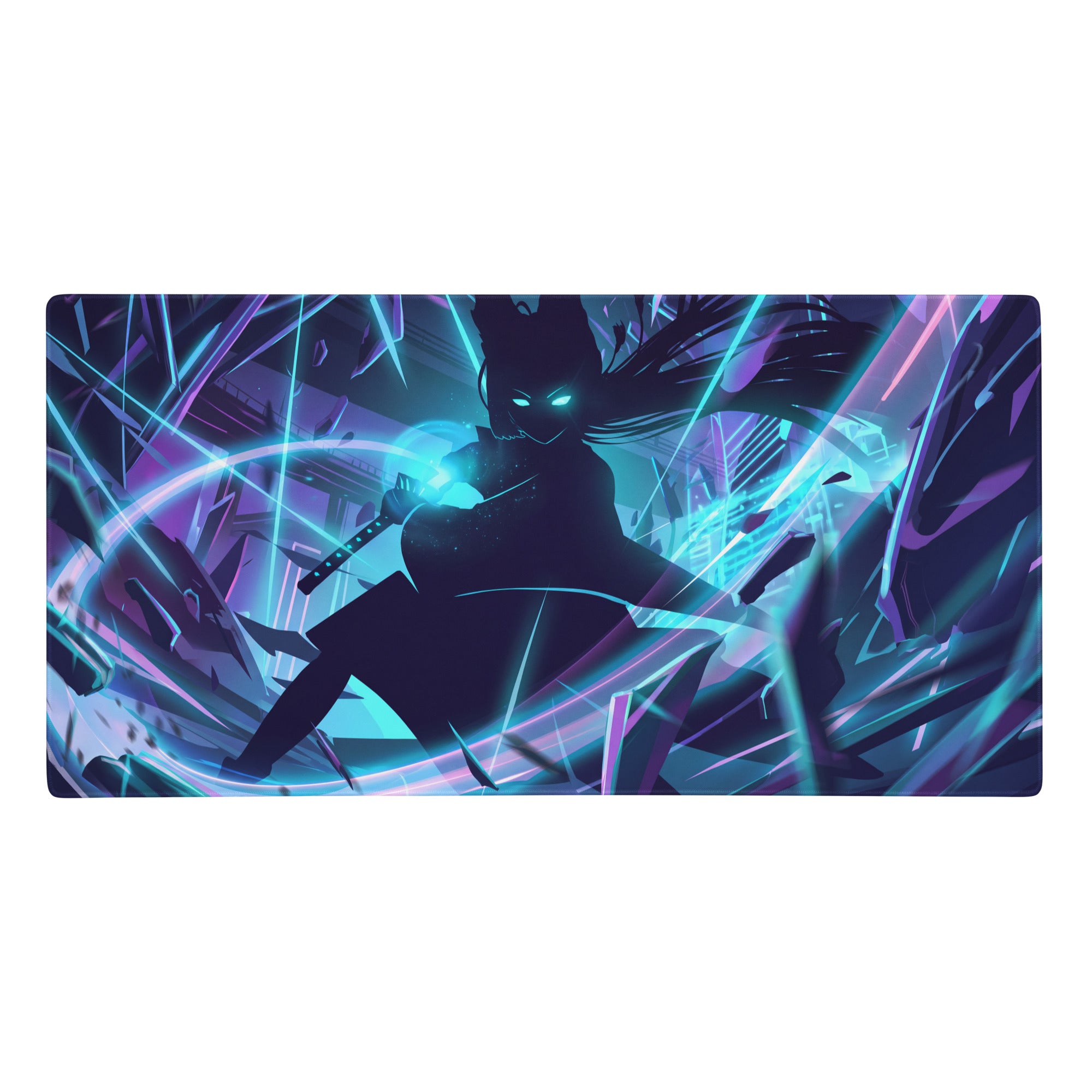 Neon vaporwave night pad pro gaming mouse pad with anime warrior silhouette and vibrant blue purple cyberpunk design