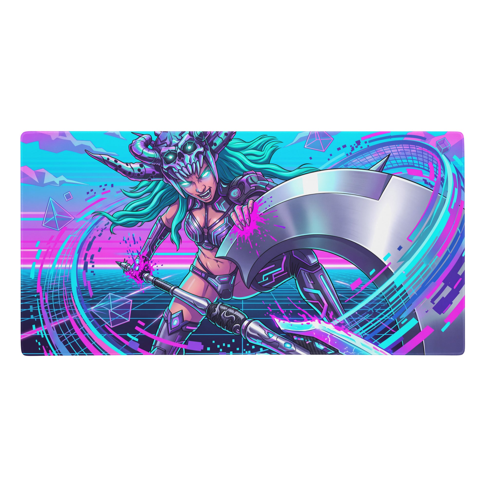 Vaporwave neon warrior gaming mousepad with vibrant pink and cyan colors featuring a cybernetic warrior wielding a silver axe