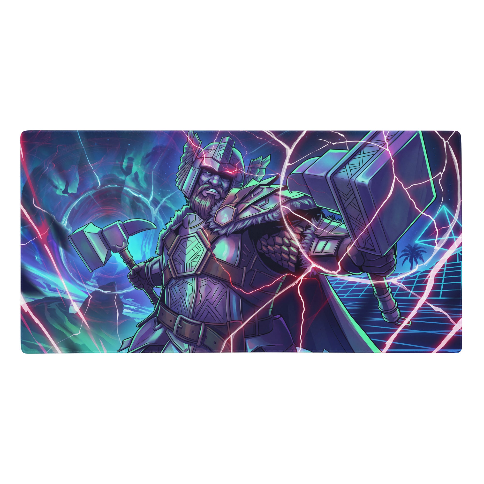 Neon vaporwave gaming mouse pad with vibrant neon armored warrior wielding glowing hammers on cosmic lightning background