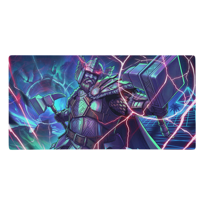 Neon vaporwave gaming mouse pad with vibrant neon armored warrior wielding glowing hammers on cosmic lightning background